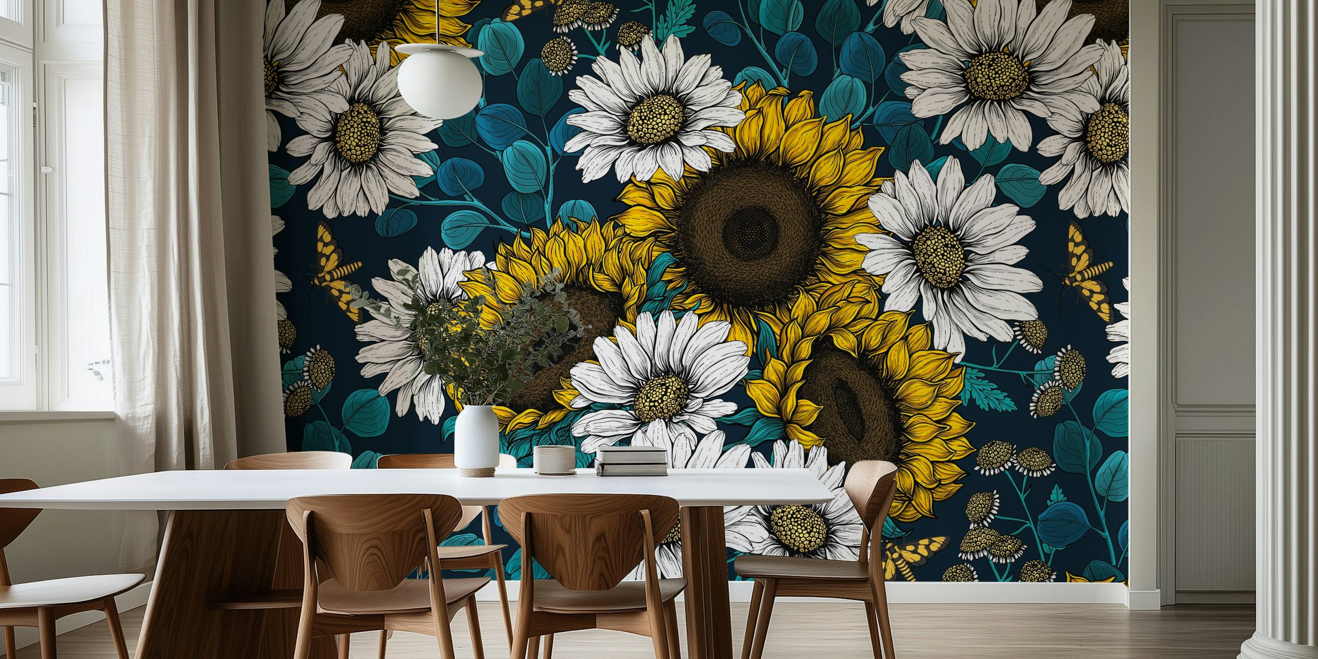 Vibrante murale con girasoli e margherite su uno sfondo blu intenso