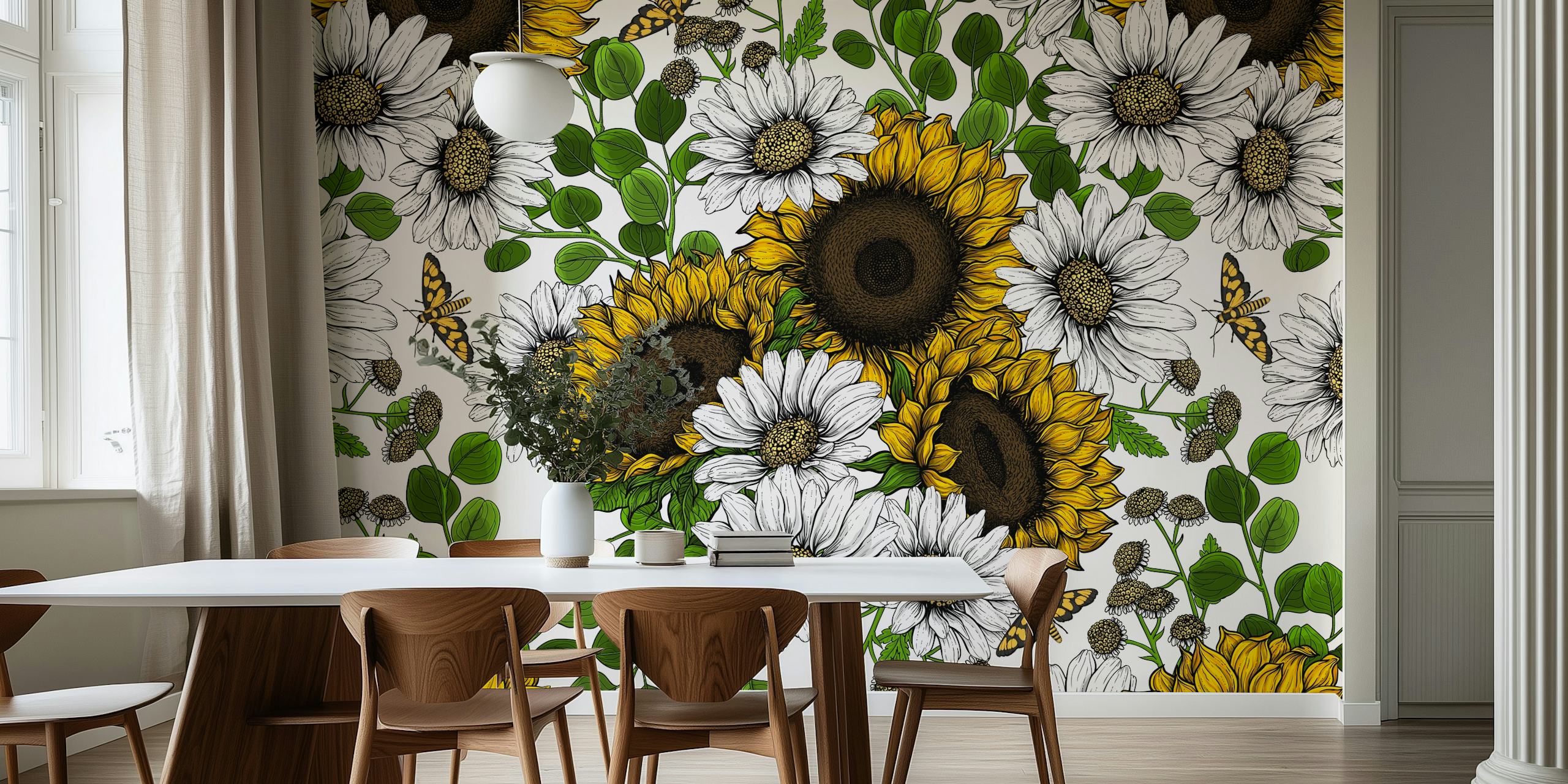 Sunflowers and daisies behang in een kamer