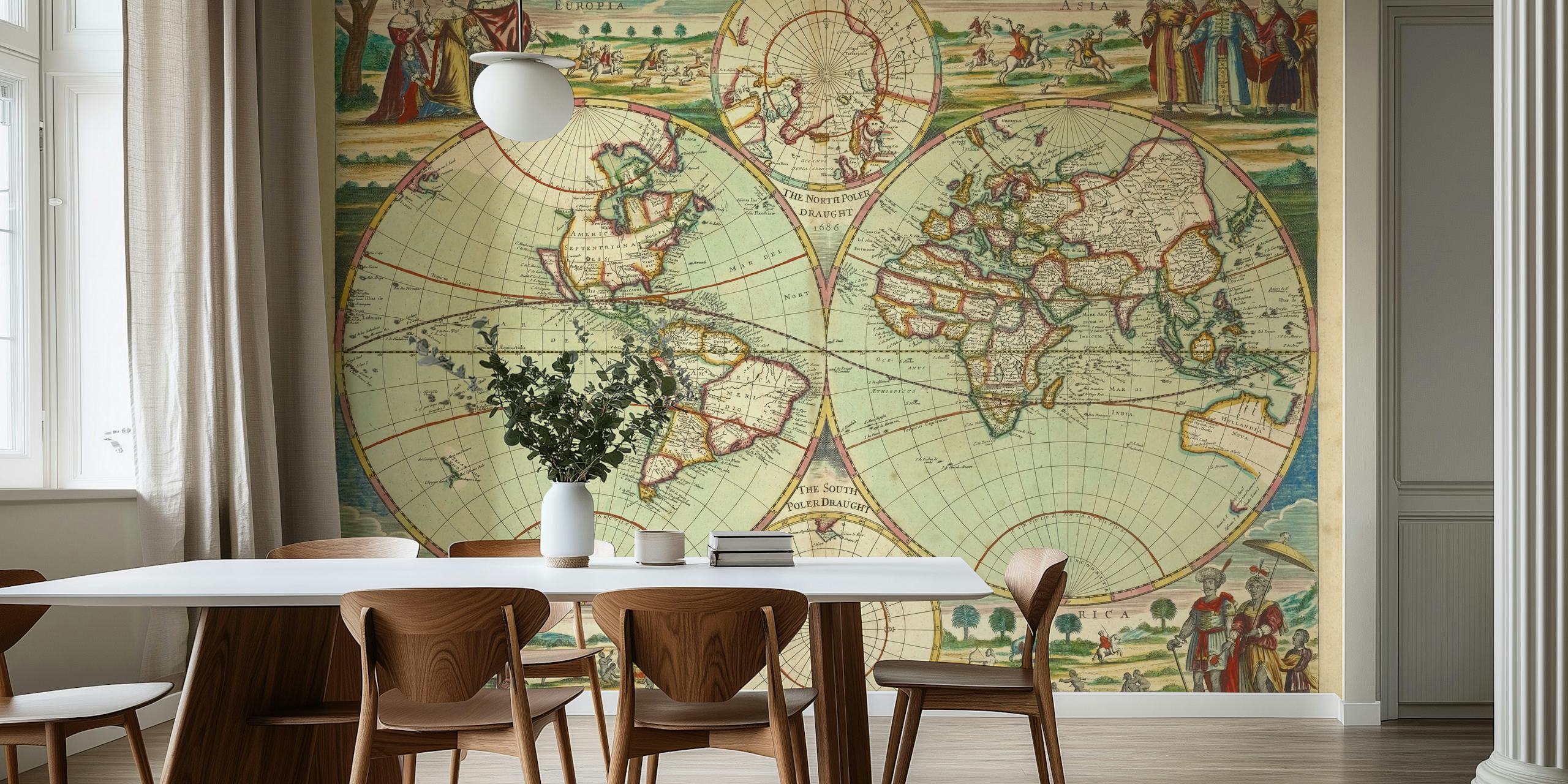 Illustrated Vintage World Map papel de parede em um quarto