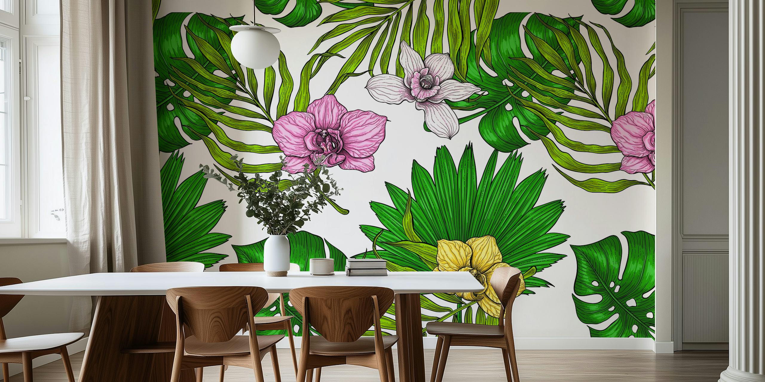 Orchids and Palm Leaves τοιχογραφία με ροζ λουλούδια και πράσινο φύλλωμα