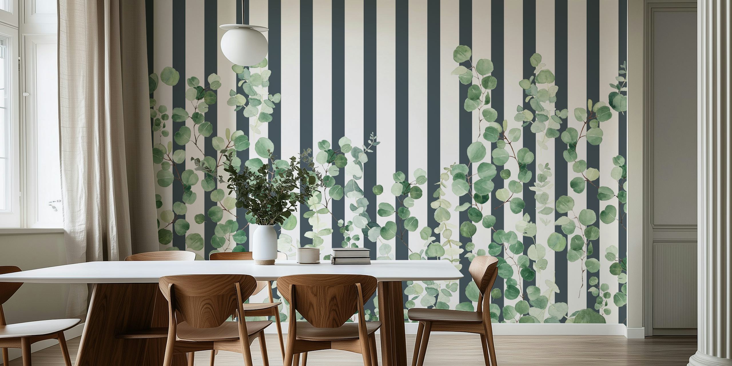 Grünes Laub auf Botanical Stripes Navy im Raum