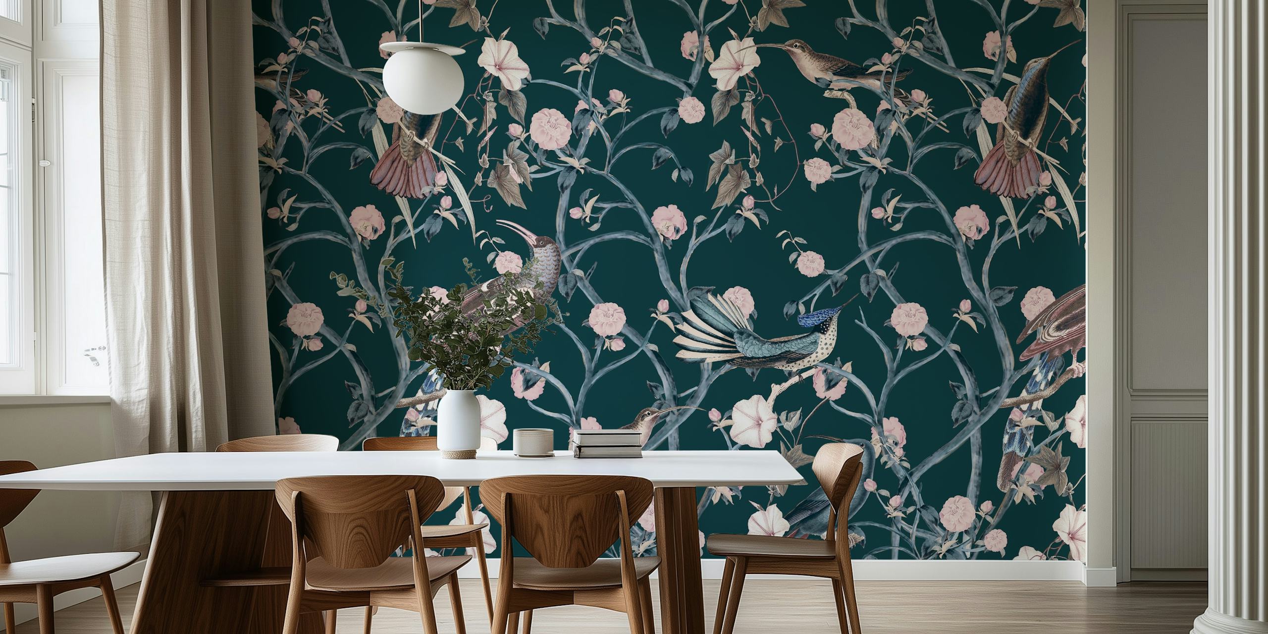 Chinoiserie bird and floral wallpaper in dark green tones