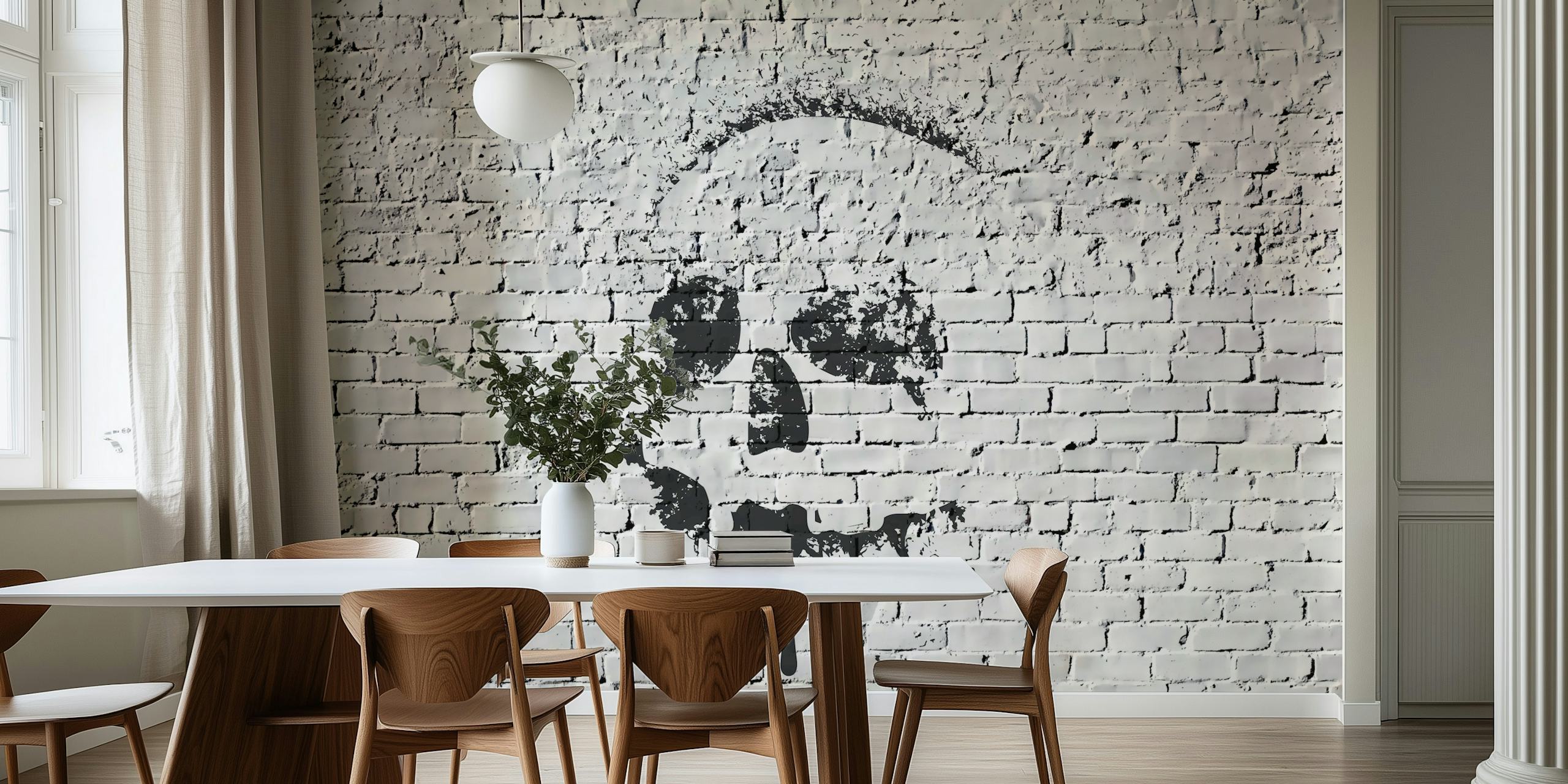 Zwart-witte skull design op een bakstenen muur wallpaper