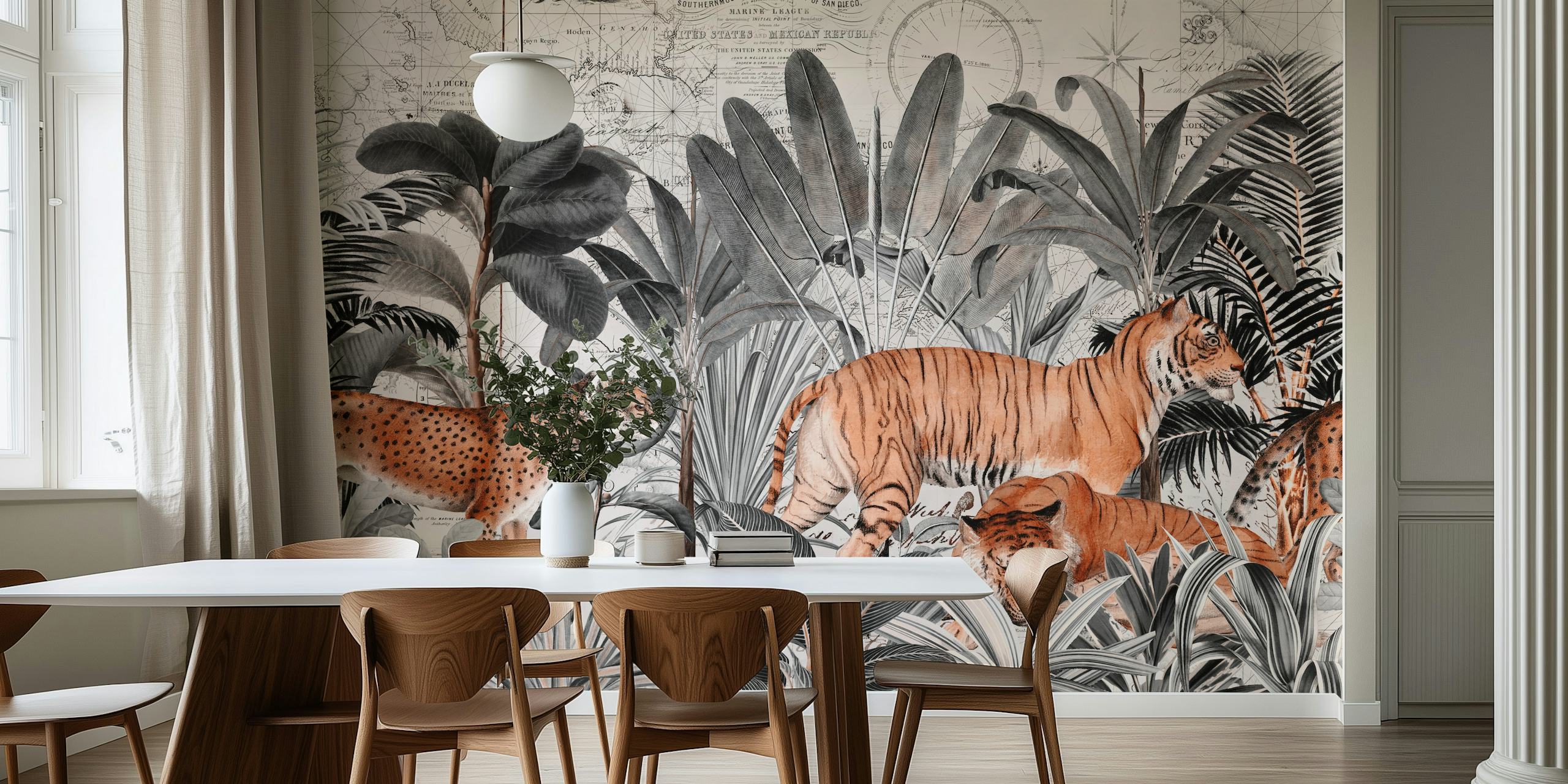 Tigers and a cheetah among tropical leaves in black and white wallpaper