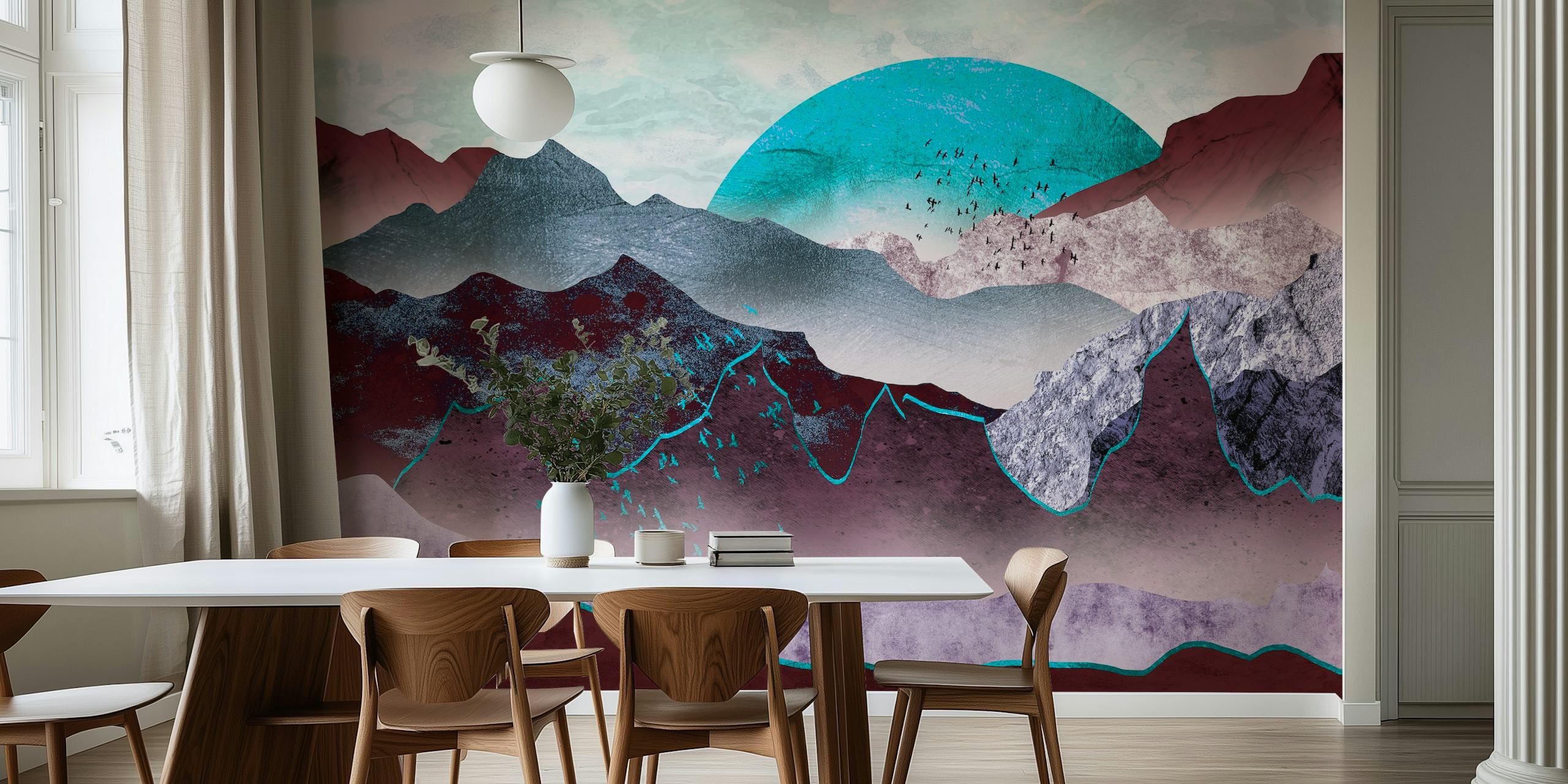 Blue moon shining over layered mountain ranges in a wall mural