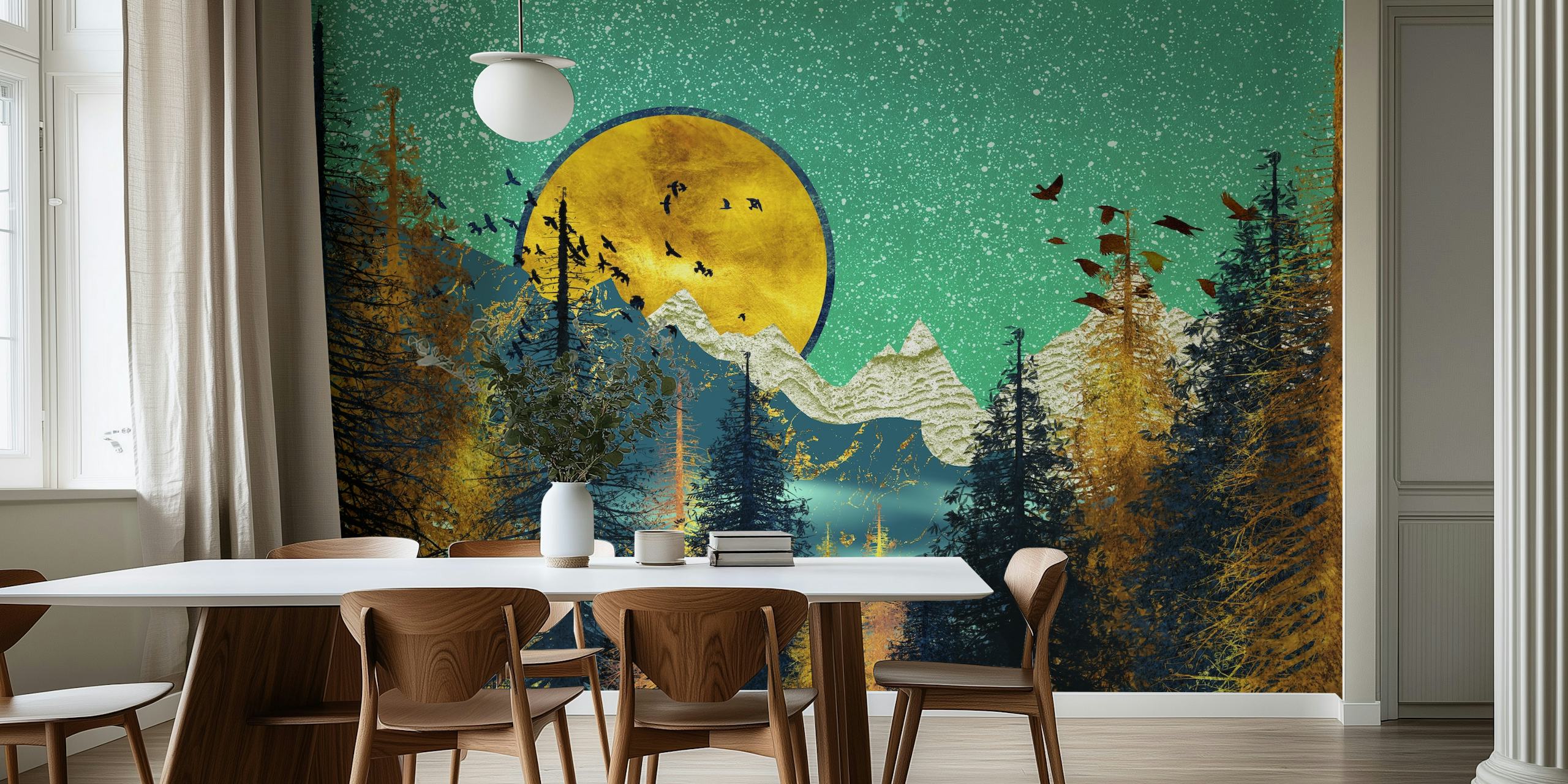 Blue and gold mountainous landscape mural with rising moon