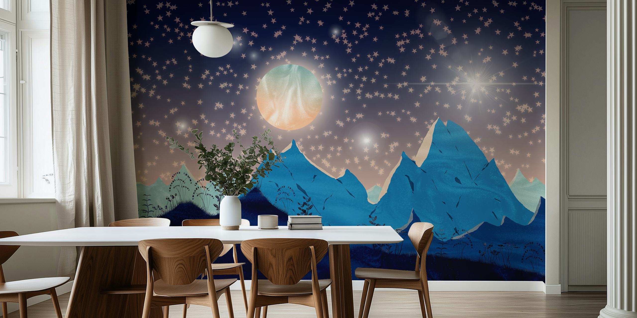 Snowy mountain peaks under a starry sky with a luminous full moon wall mural