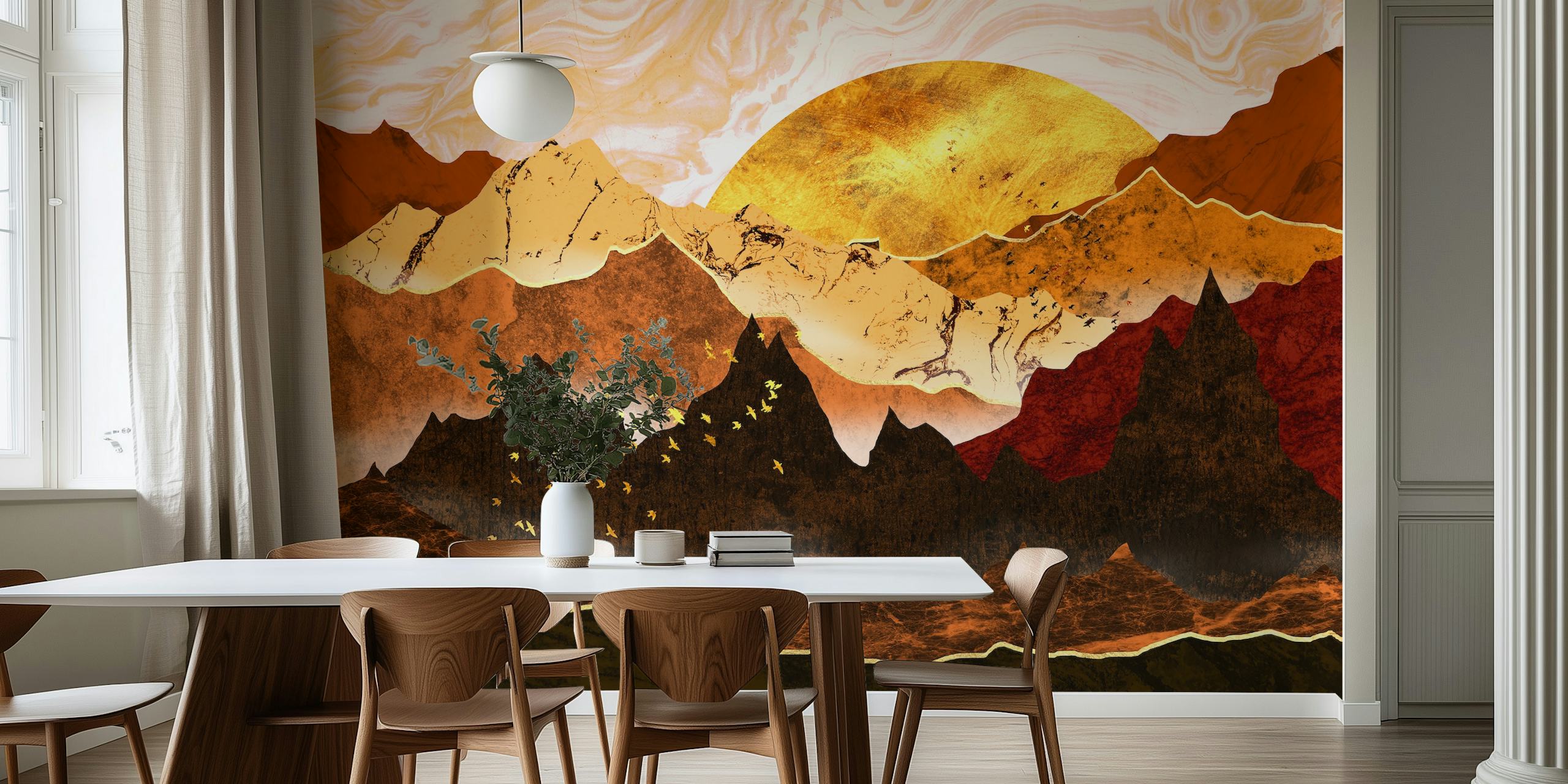 Colorful autumn mountain landscape with golden hues and earthy tones wallpaper