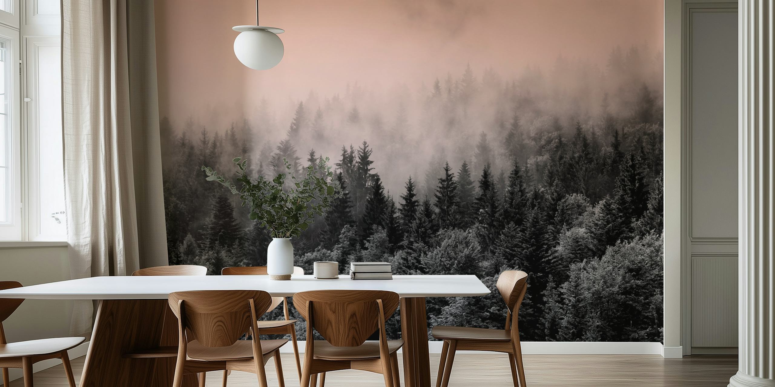 Dark pink dawn forest wallpaper in a room