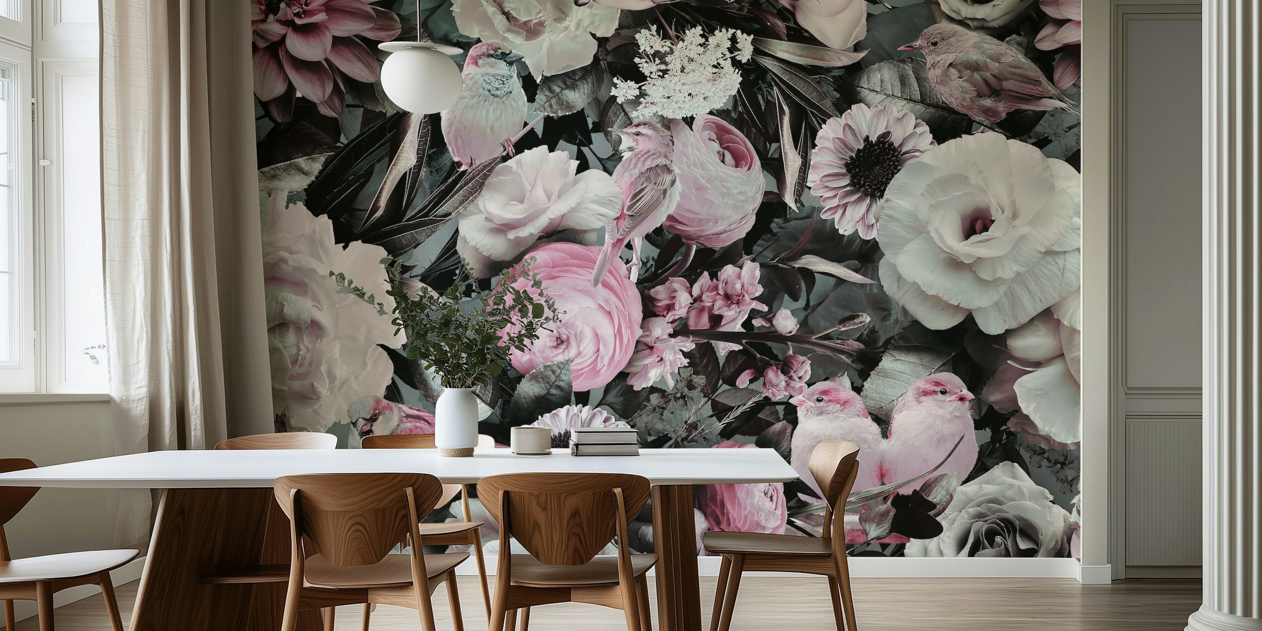 Pastel floral pattern with pink flowers and birds wallpaper