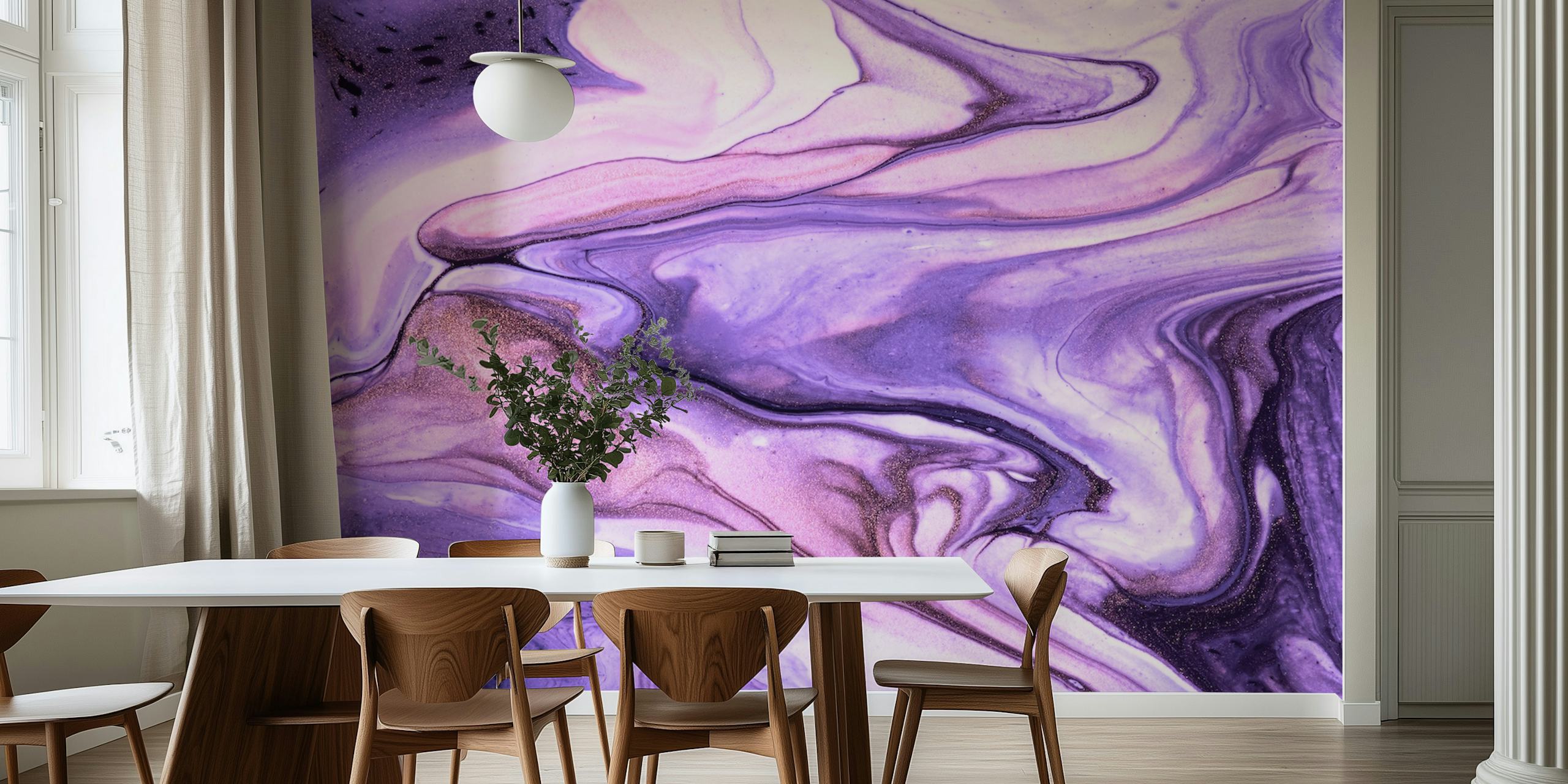 Αφηρημένο Purple fluid marble τοιχογραφία με λιλά, δαμάσκηνο και μπεζ στροβιλίσματα