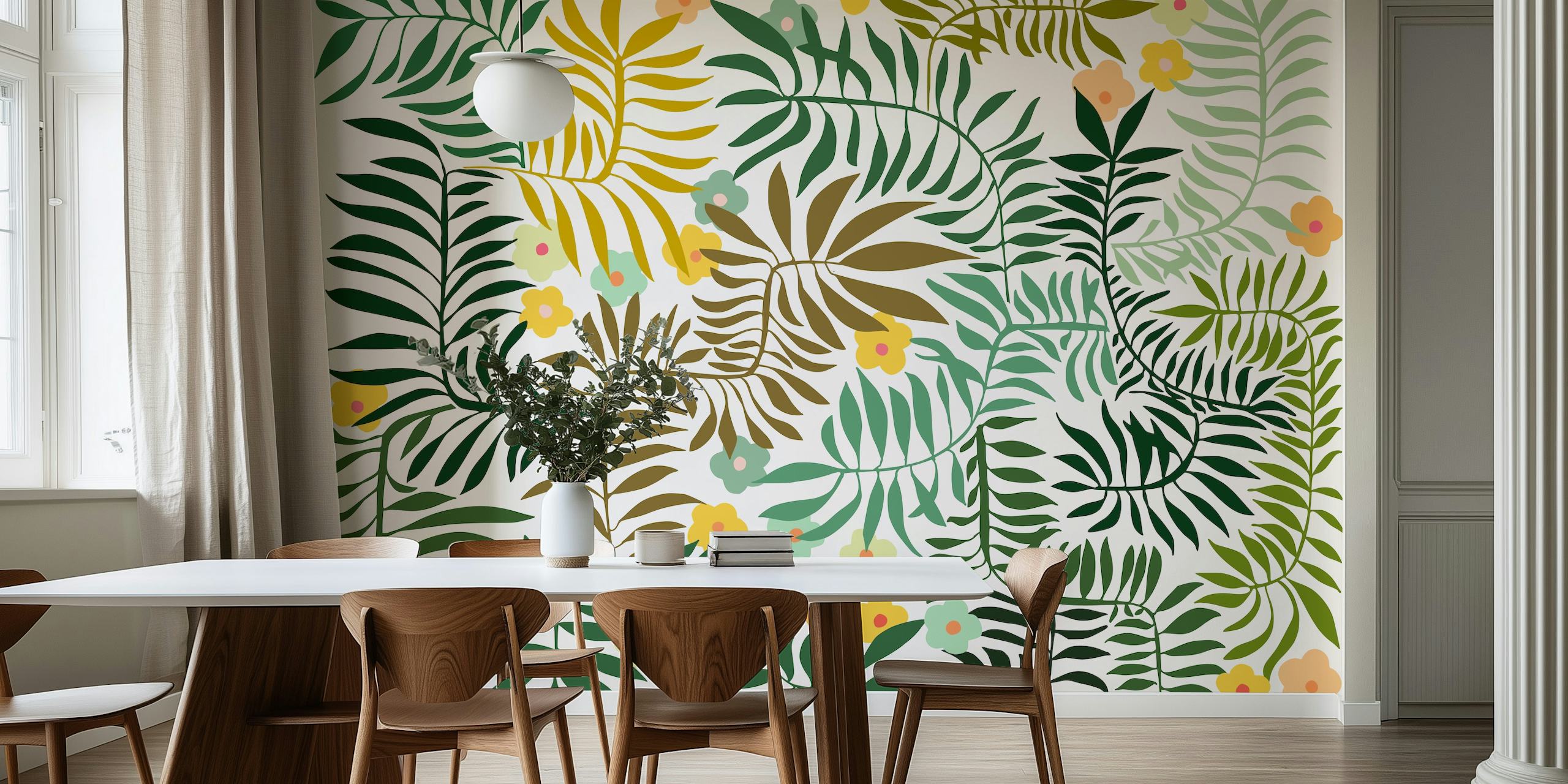 Tropical leaves with colorful flowers in green, yellow, and pink wallpaper