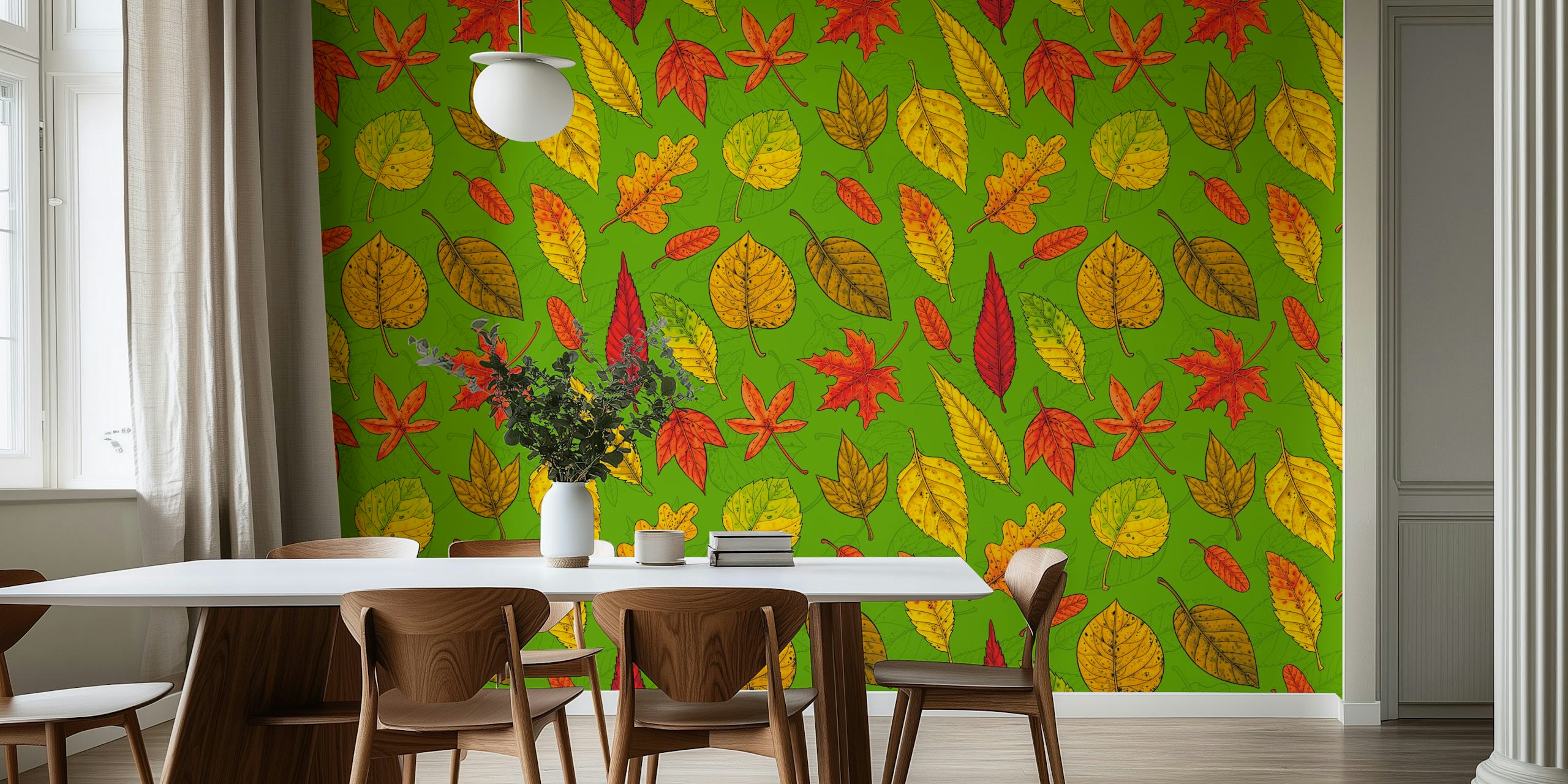 Autumn leaves wallpaper on a green background