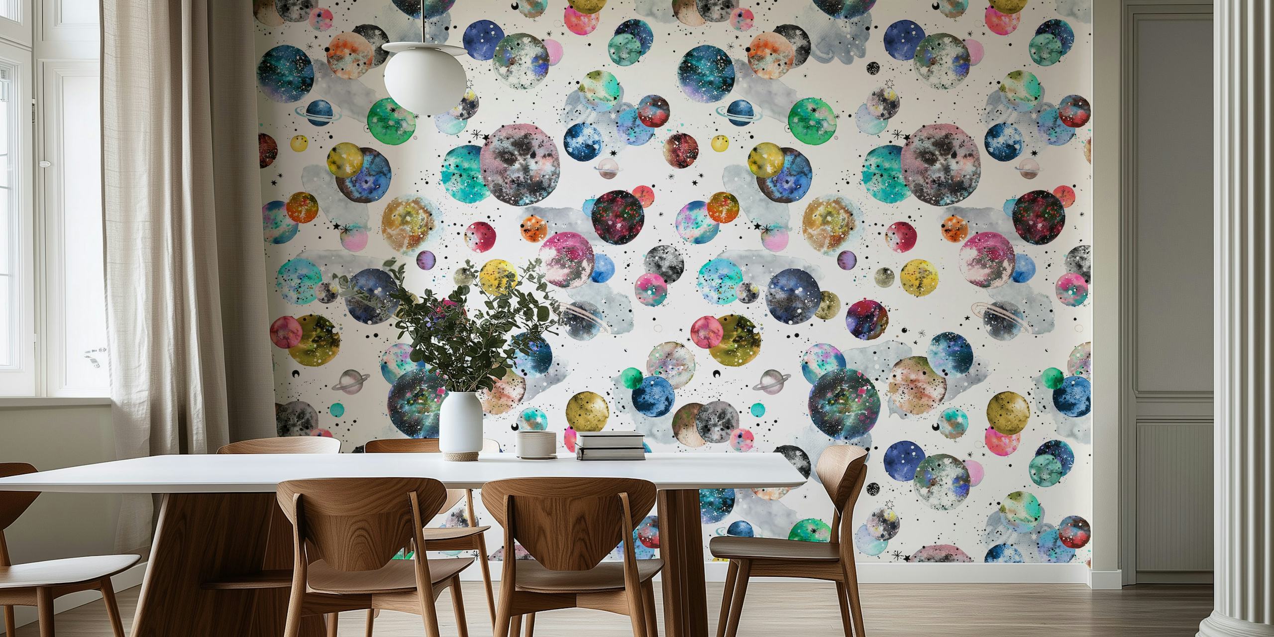 Decorazione murale colorata con pianeti per bambini, galassia cosmica, con una varietà di corpi celesti