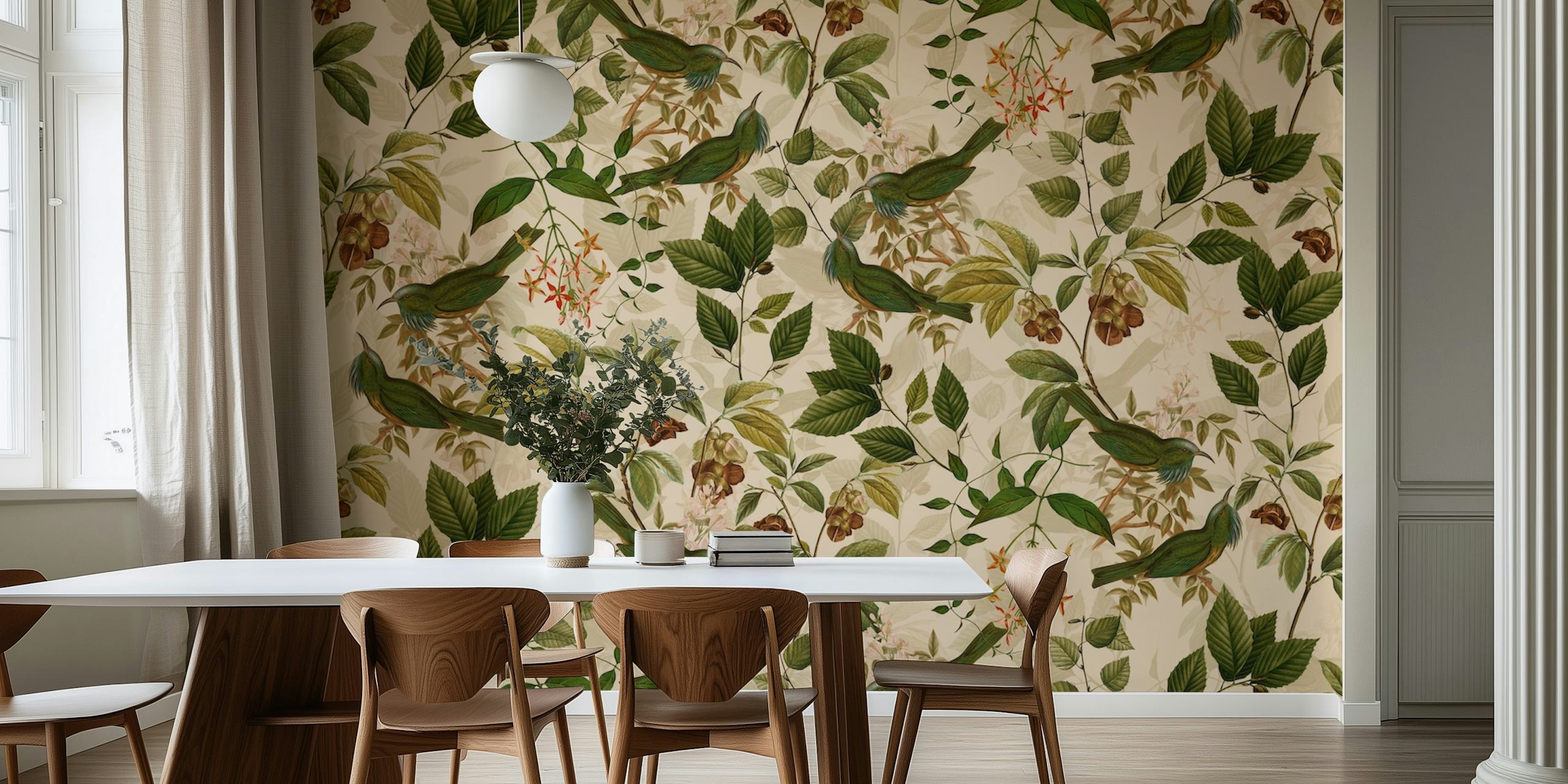 Tropical bird and floral pattern wall mural