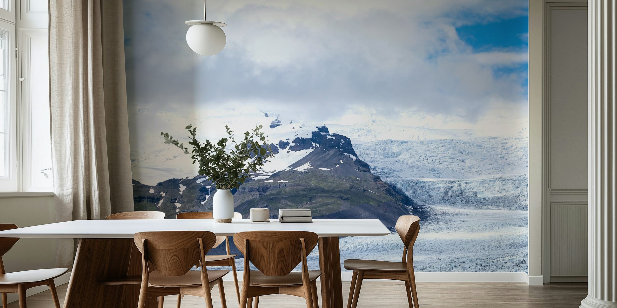 Carta da parati del ghiacciaio Breiðamerkurjökull con toni blu ghiaccio e cime montuose