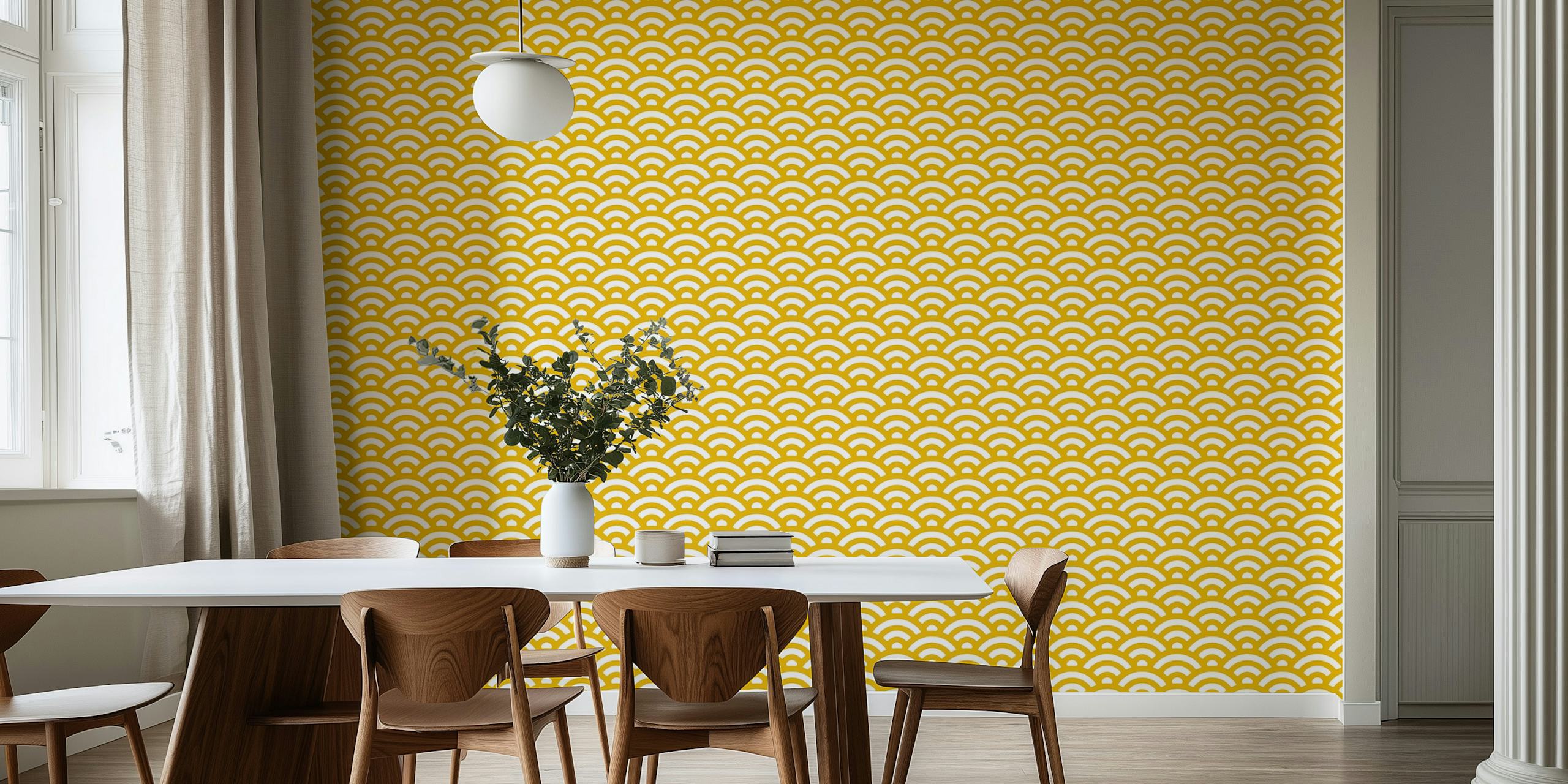 Golden wave pattern with white curved lines wallpaper