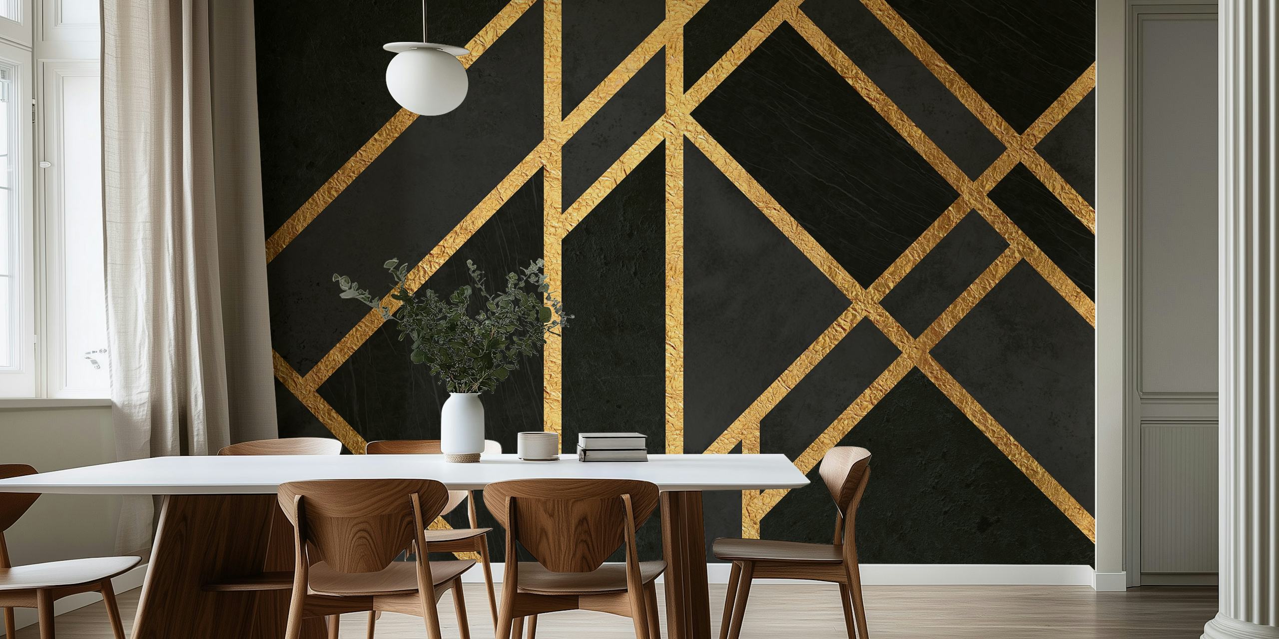 Urban Black Art Deco wall mural with gold geometric patterns on a black background