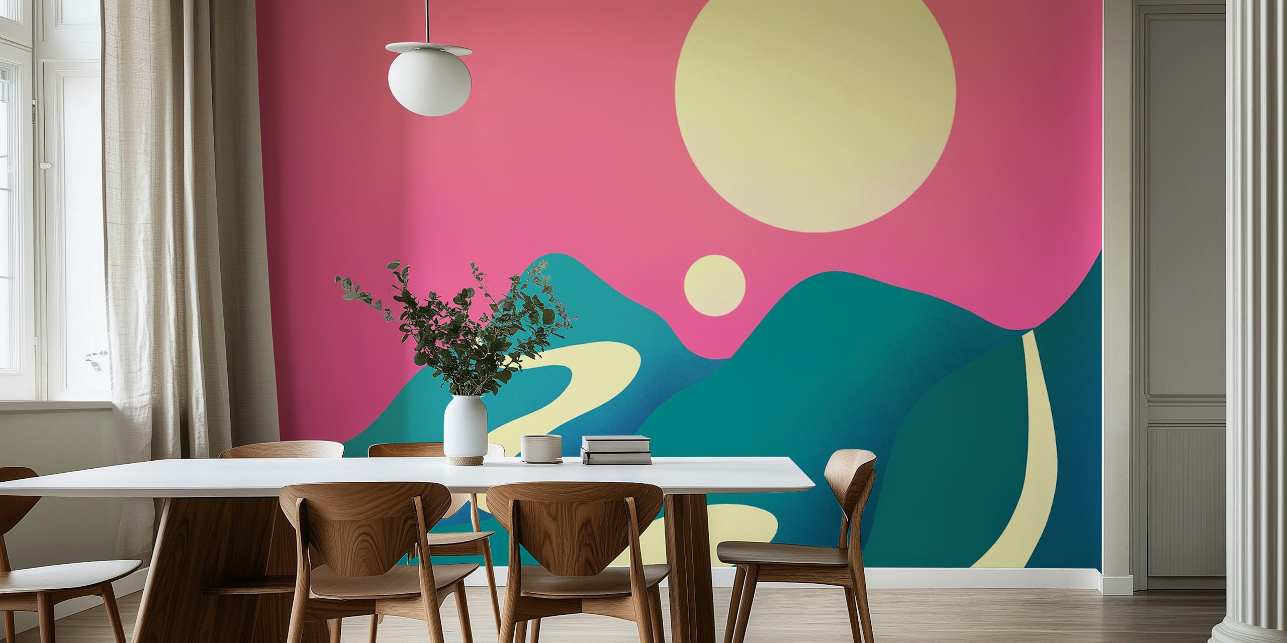 Abstract mountains in turquoise and pink wallpaper