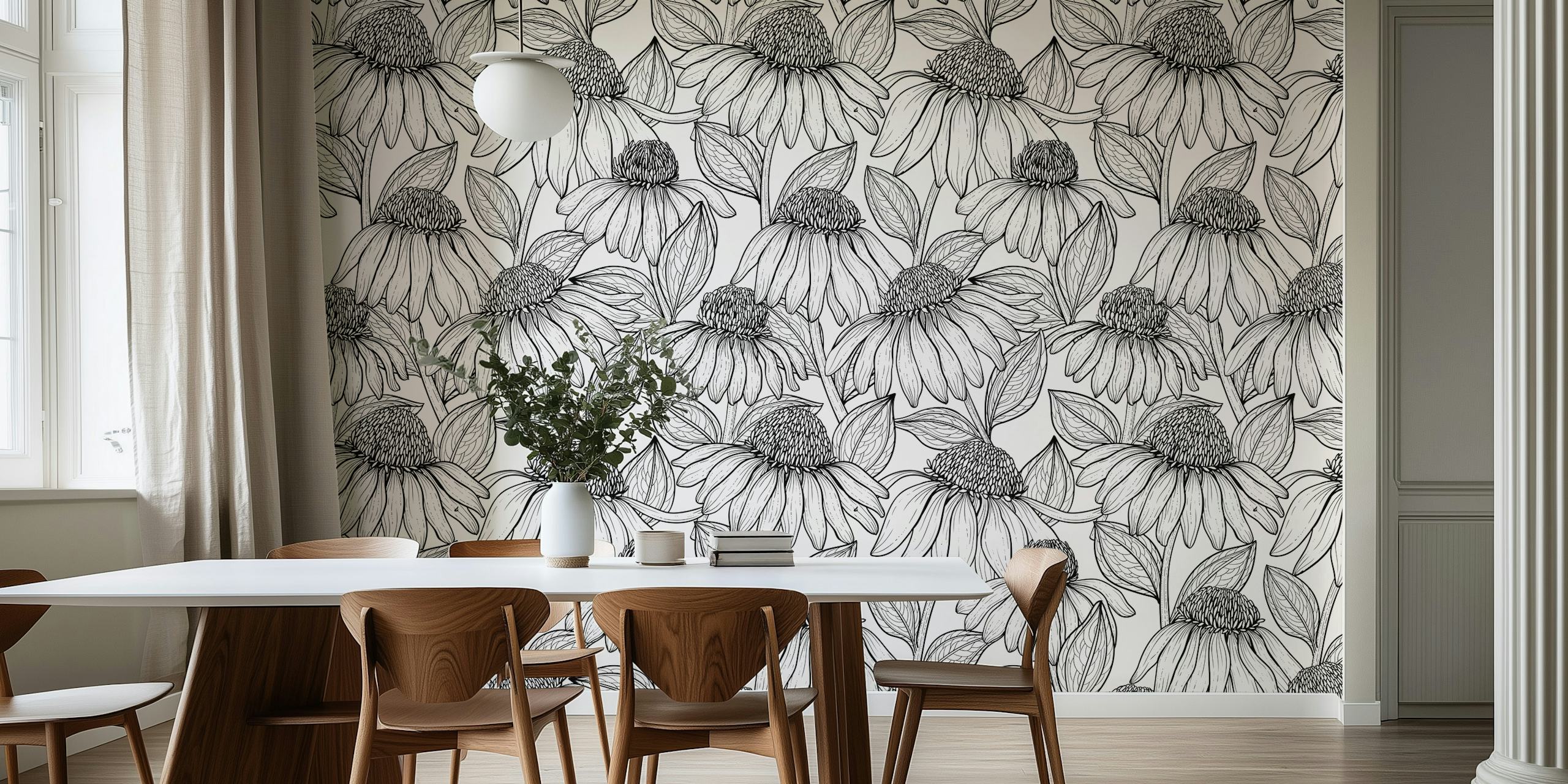 Coneflowers u crno-bijelom tapetu u sobi