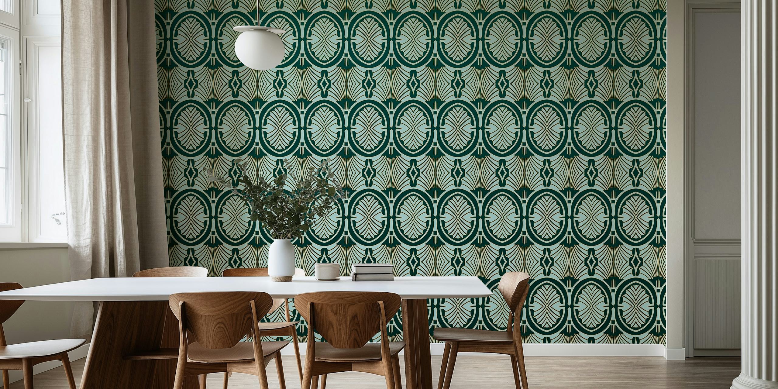 Teal and gold repeating geometric patterns art deco wallpaper