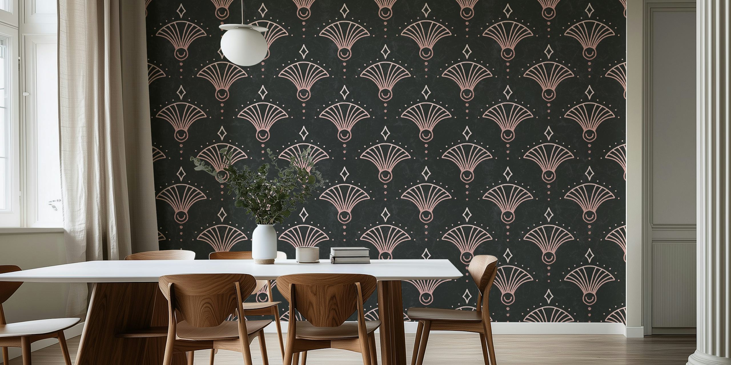 Art Deco Rose Gold Grå veggmaleri med stiliserte viftemotiver med metalliske aksenter på en grå bakgrunn