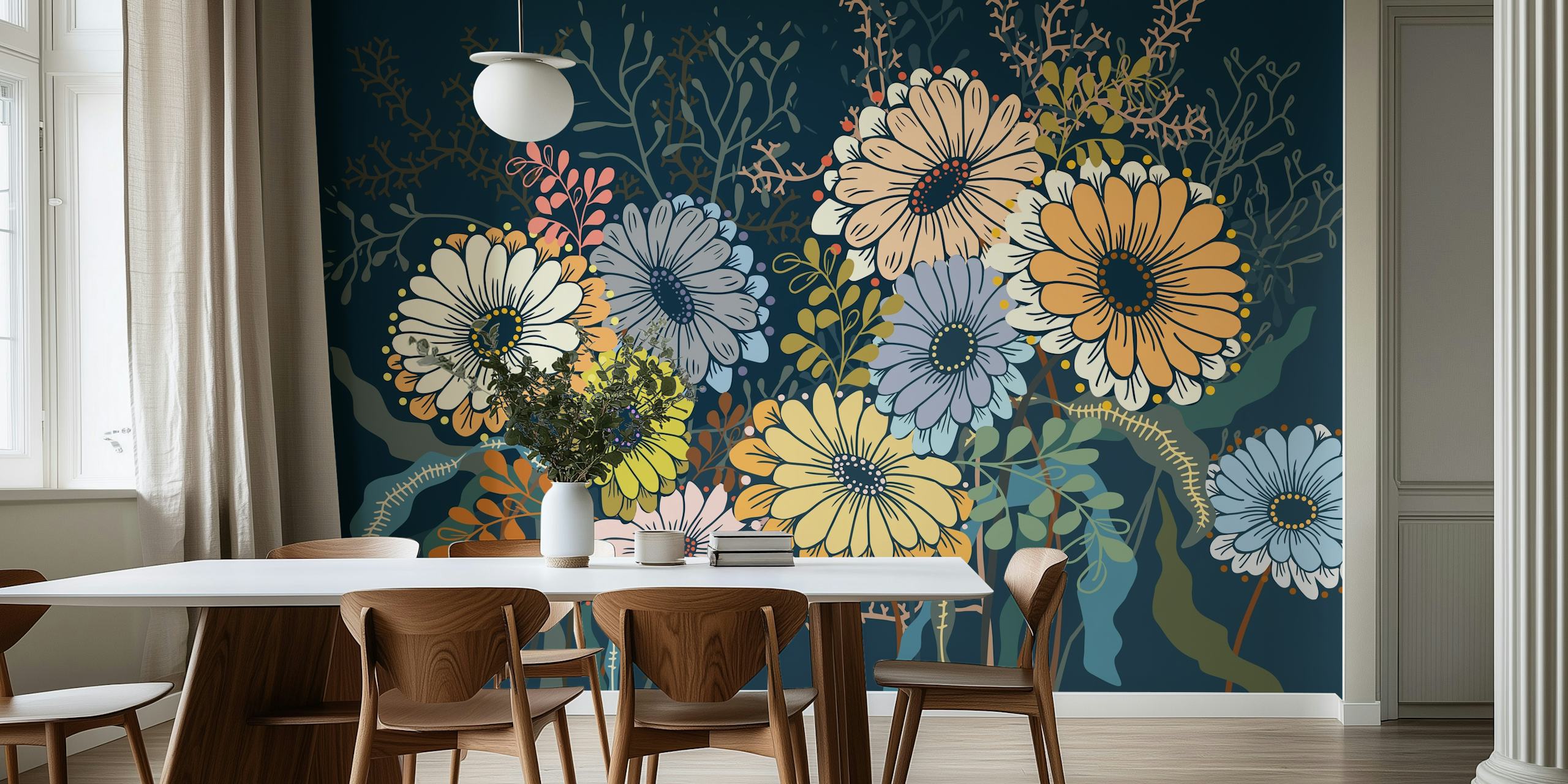 Colorful daisies with blue and orange flowers wallpaper