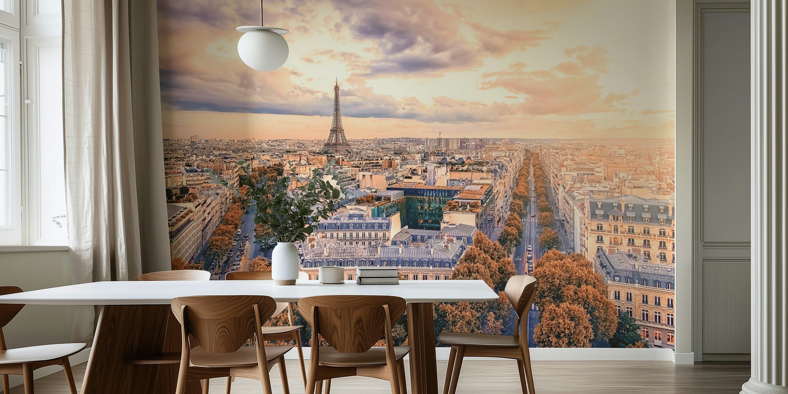 Paris solnedgang vægmaleri med gyldne nuancer og Eiffeltårnet silhuet