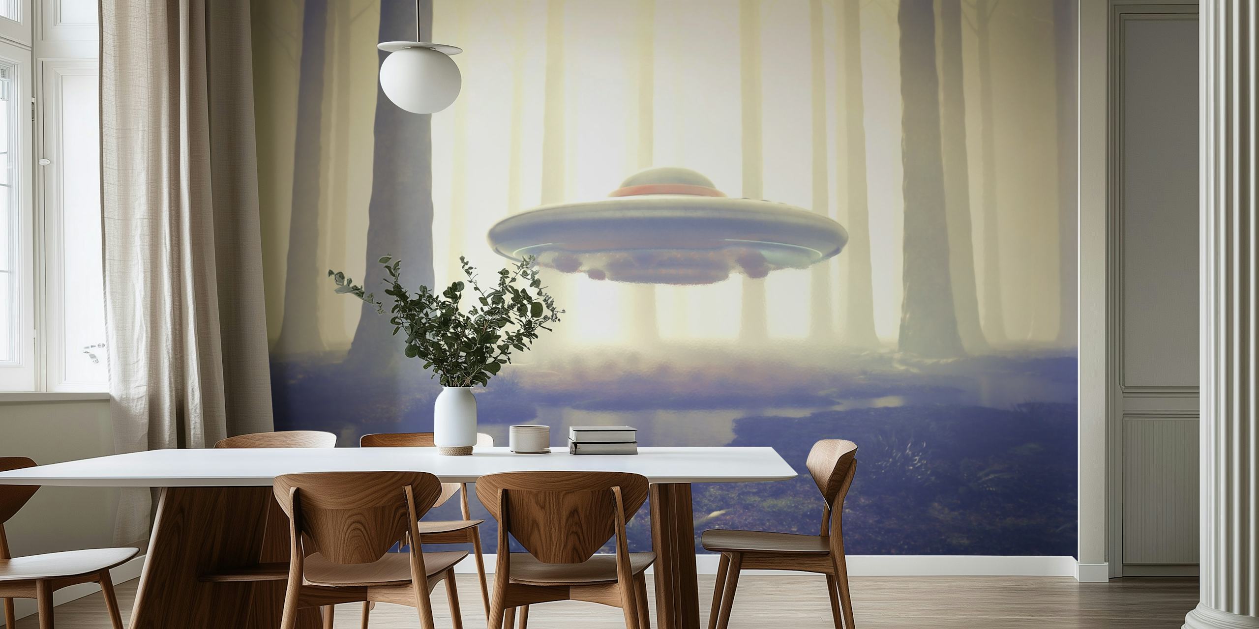 Intriguing Wall Mural featuring UFO in a vibrant forest
