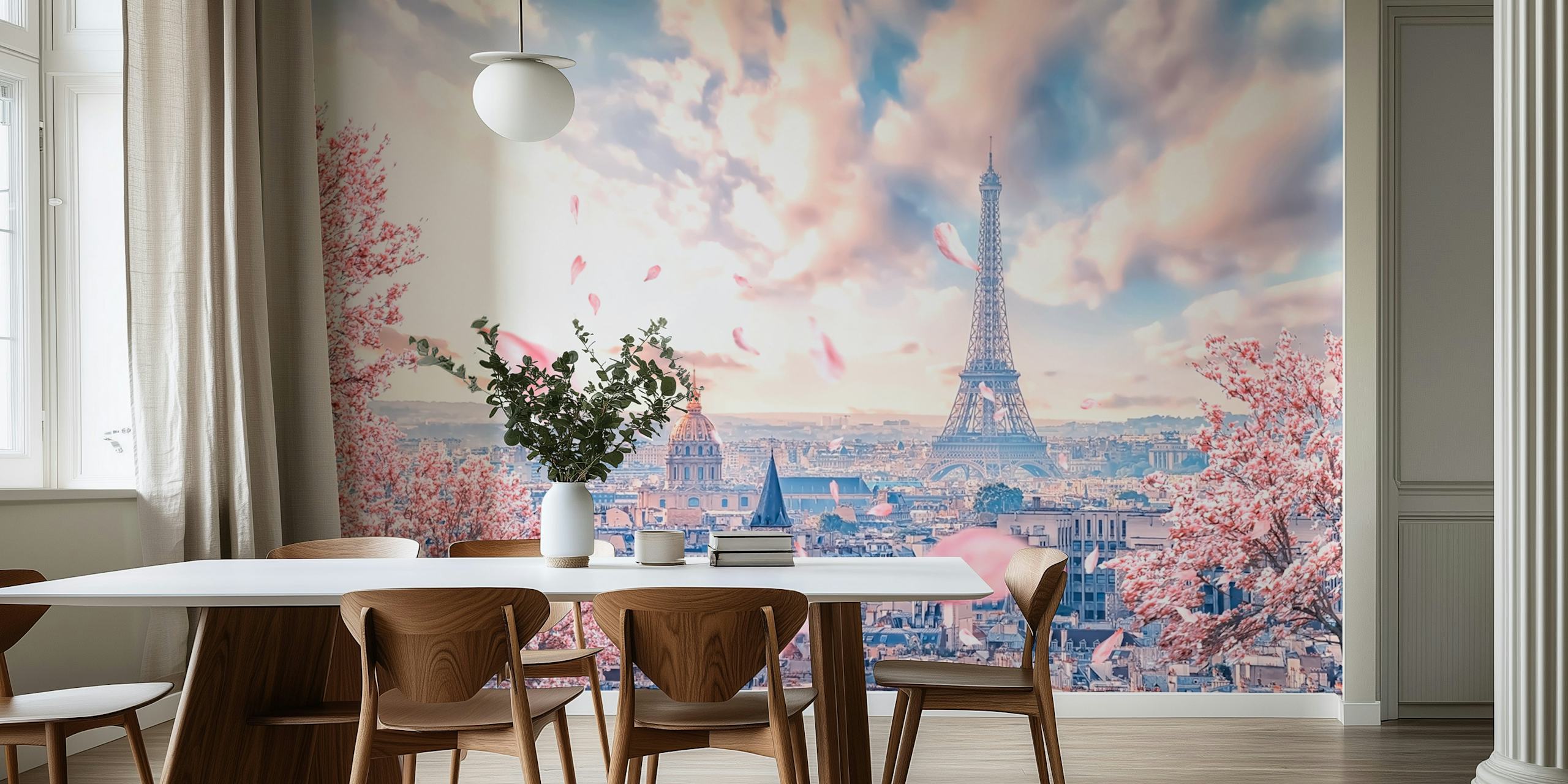 Cherry blossoms with pink petals near Eiffel Tower wallpaper
