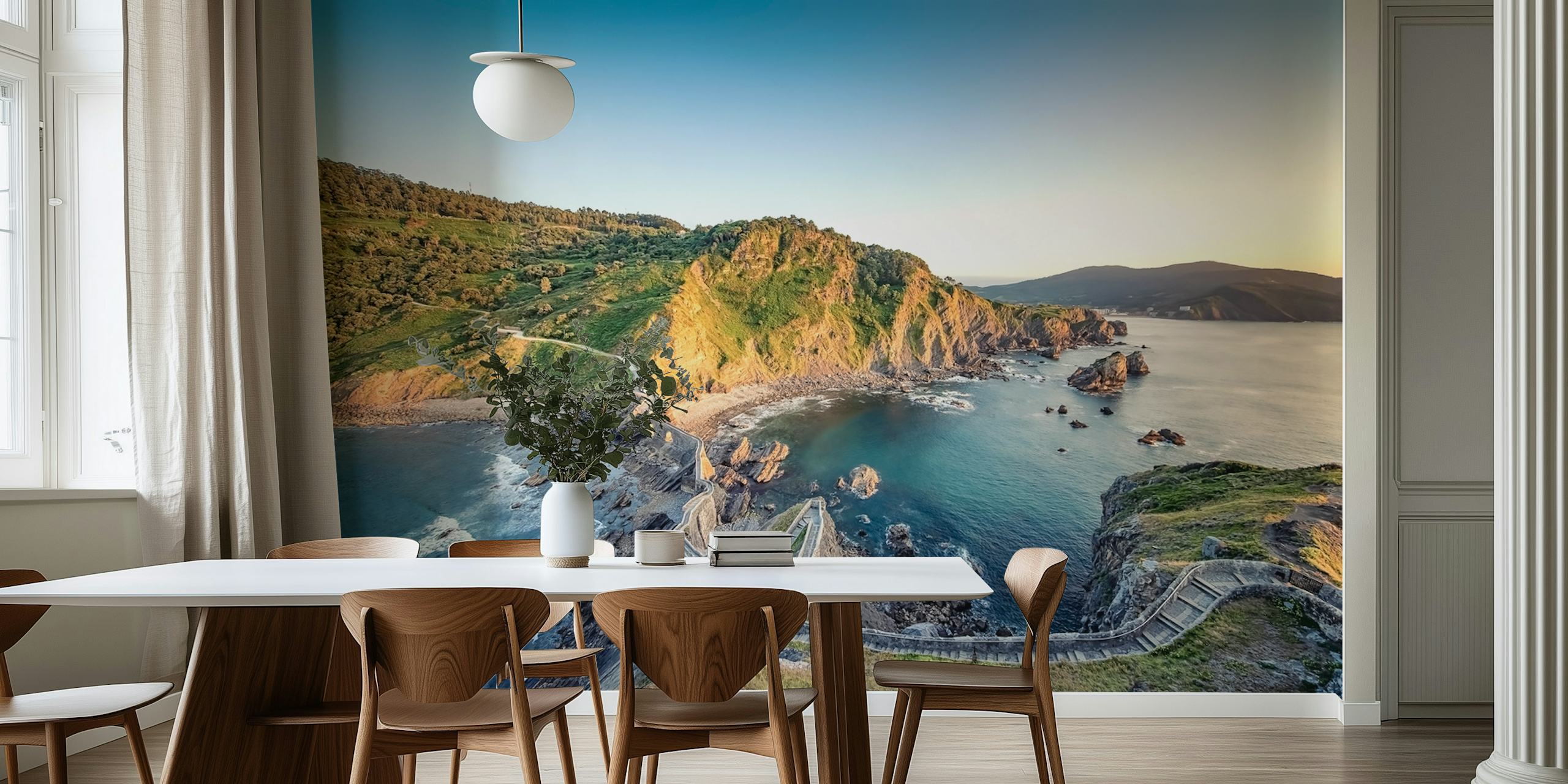 Coastal landscape featuring green hills and blue sea wallpaper