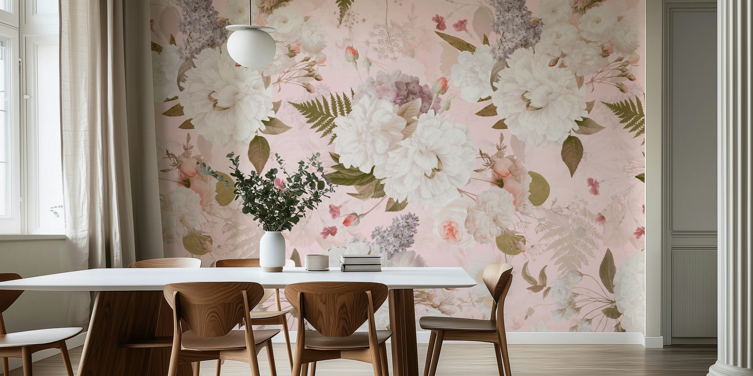 Carta da parati da giardino Blush Vintage Peony con fiori rosa tenui e accenti dorati