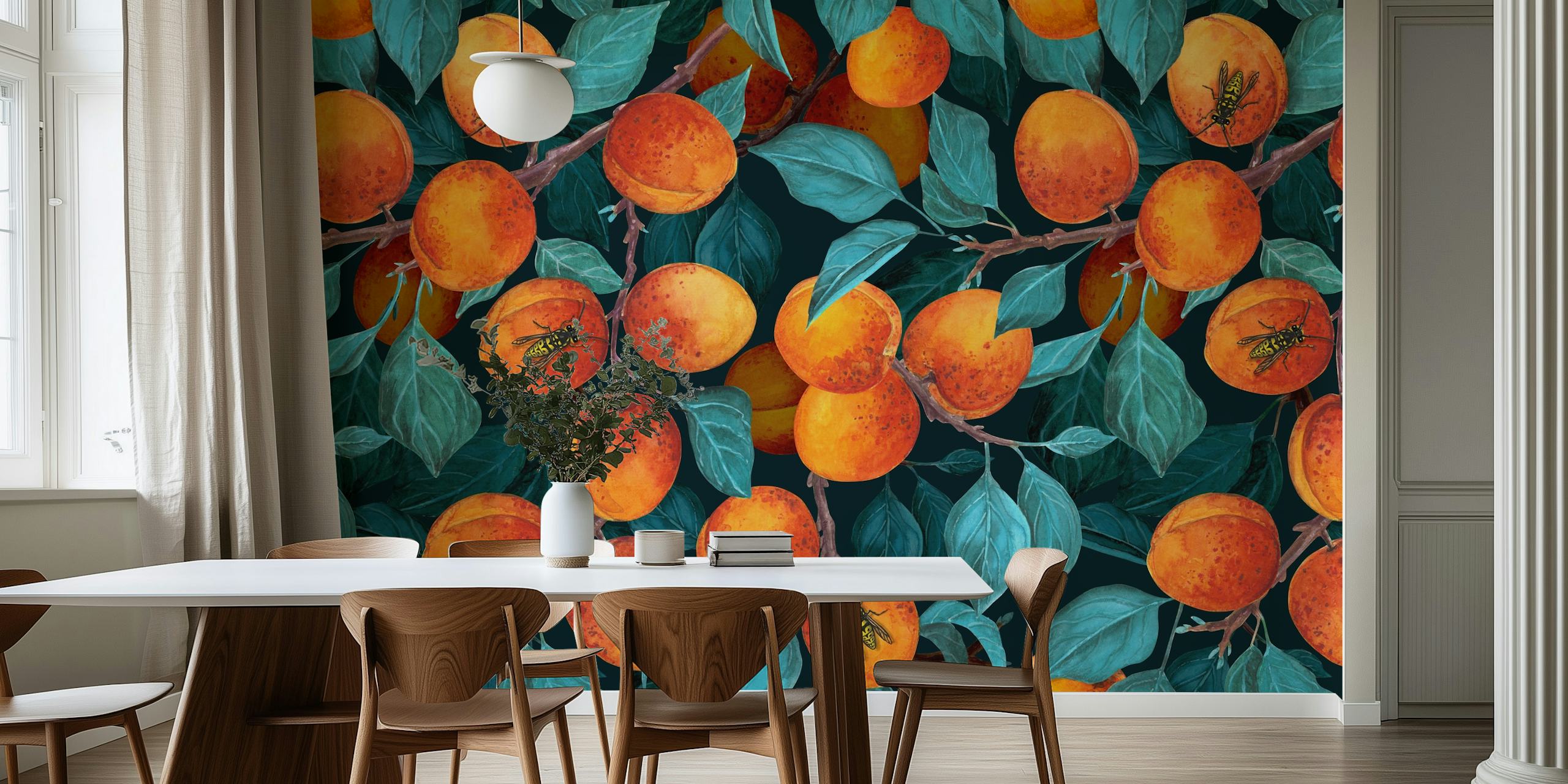 Dojrzałe morele na gałęziach z bujnymi zielonymi liśćmi fototapeta