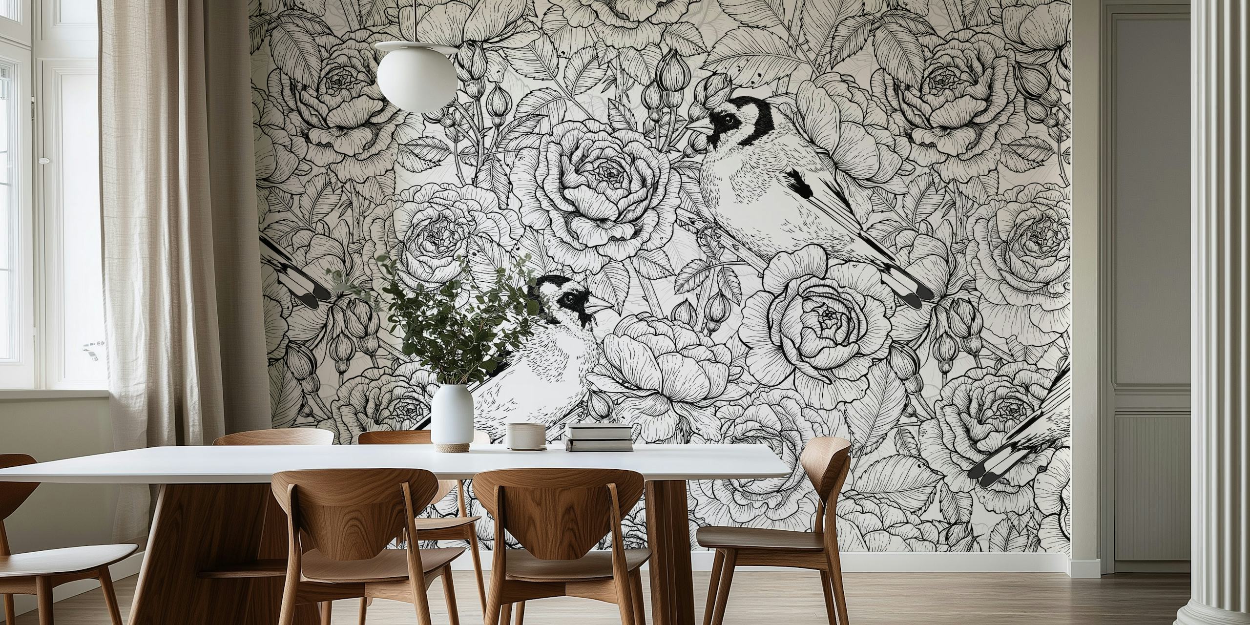 Roses and birds wallpaper displayed in a room