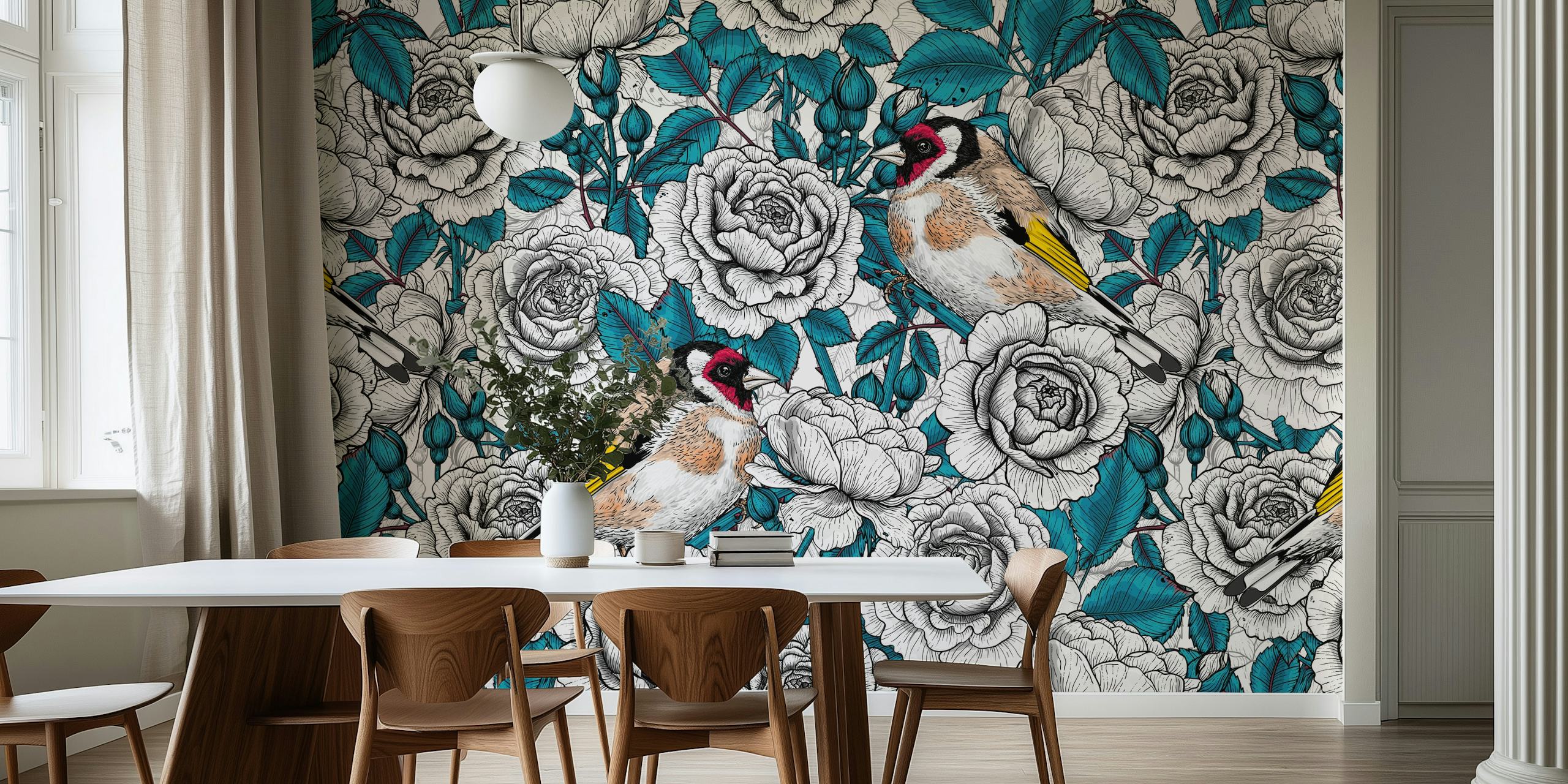 Σχέδιο ταπετσαρίας White roses and birds