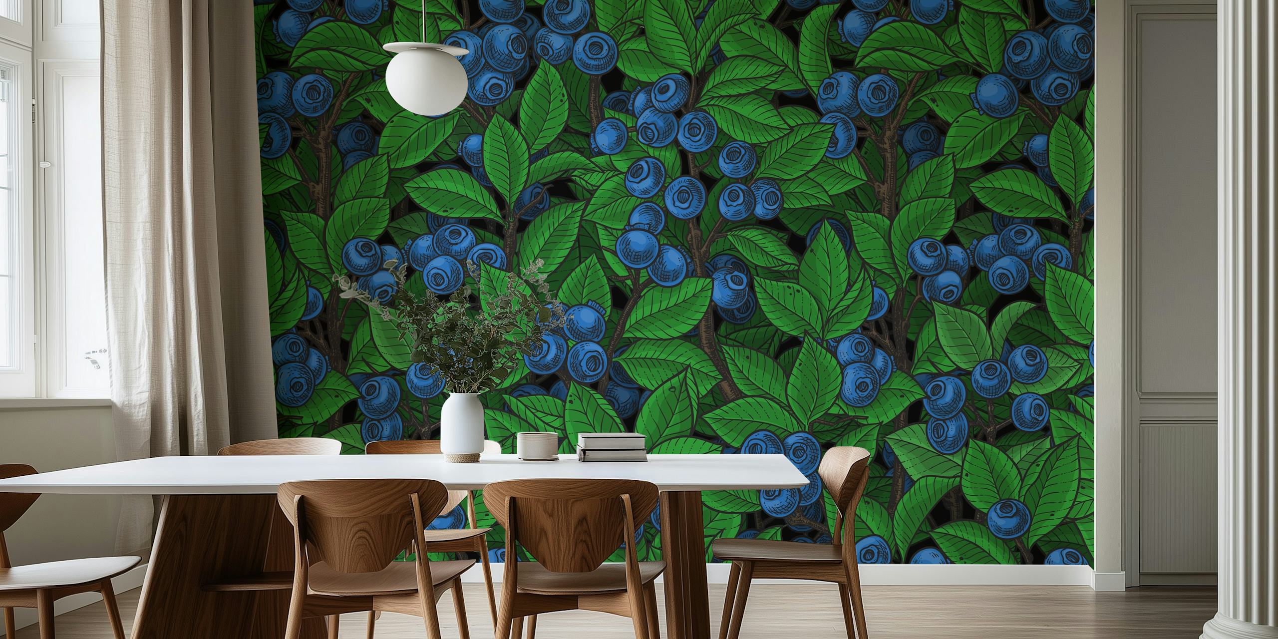 Blueberry garden floral design with green leaves and blue berries wallpaper