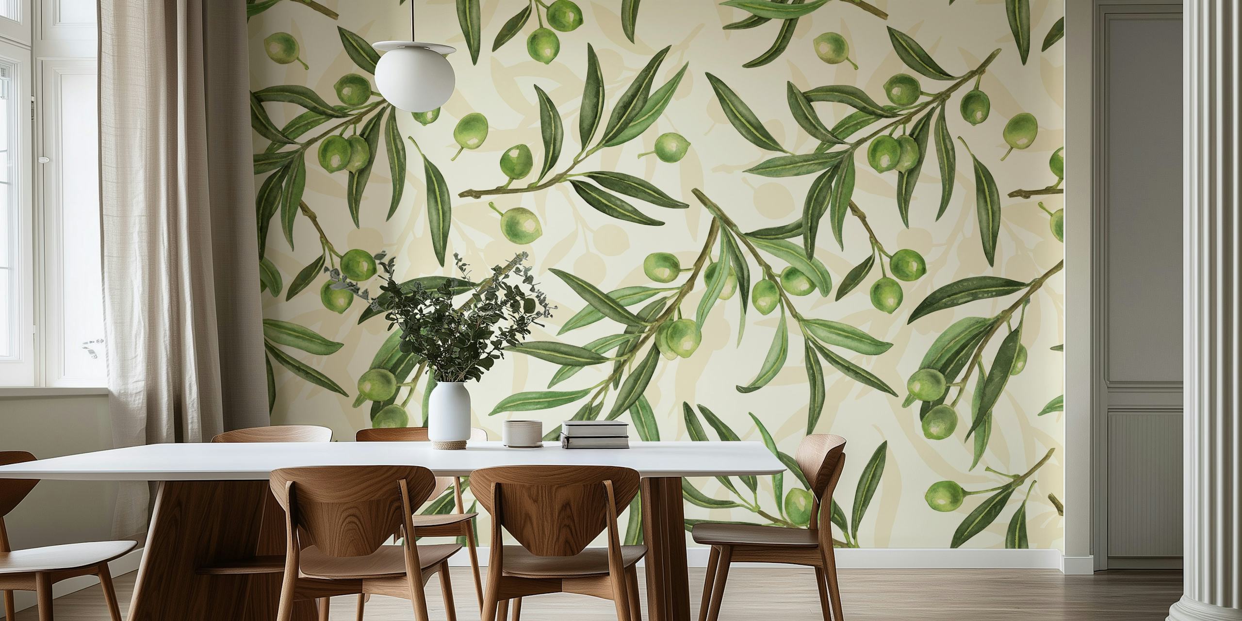 Green olive branches on off-white background wallpaper
