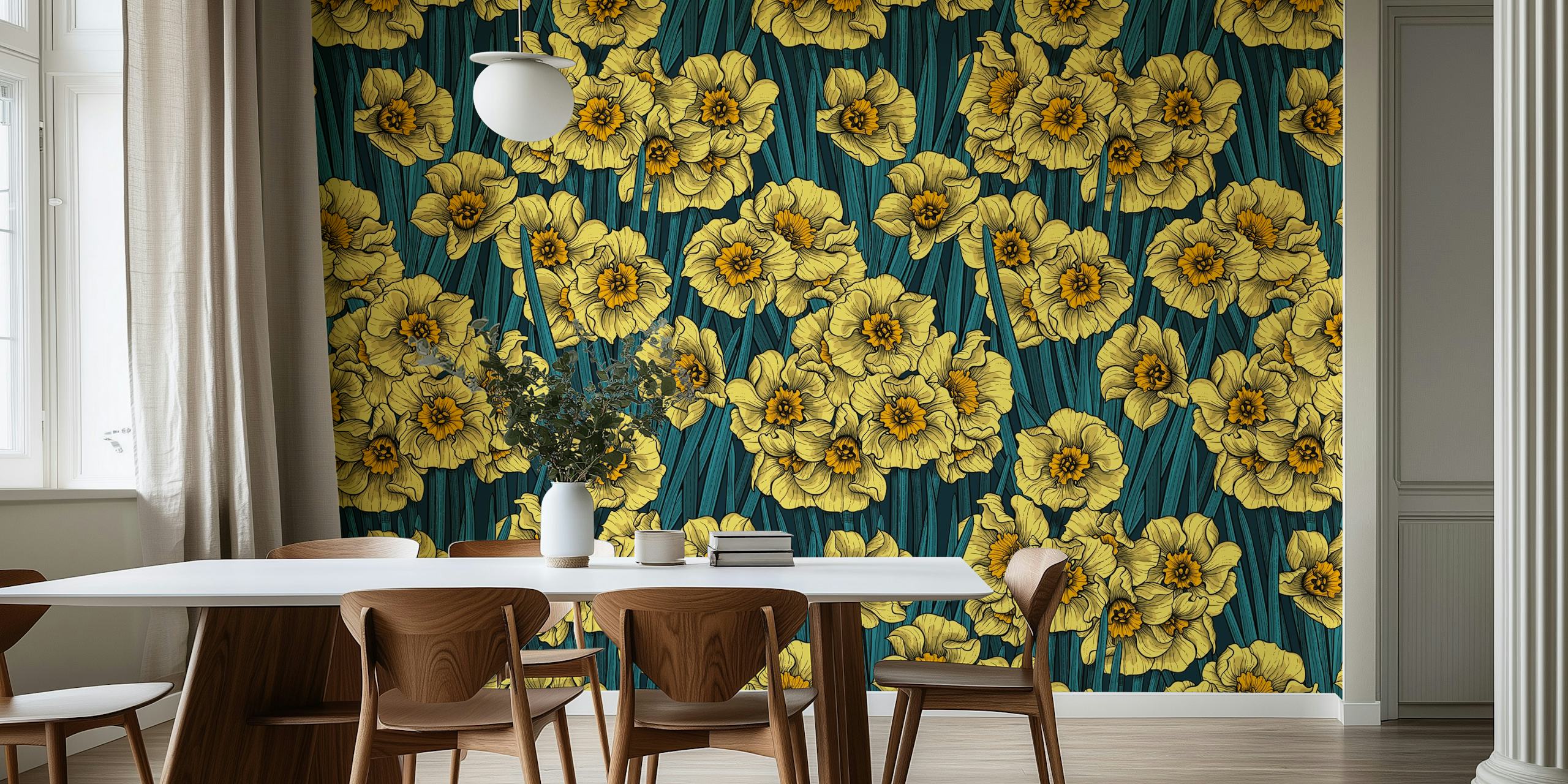Golden daffodils on teal background wall mural