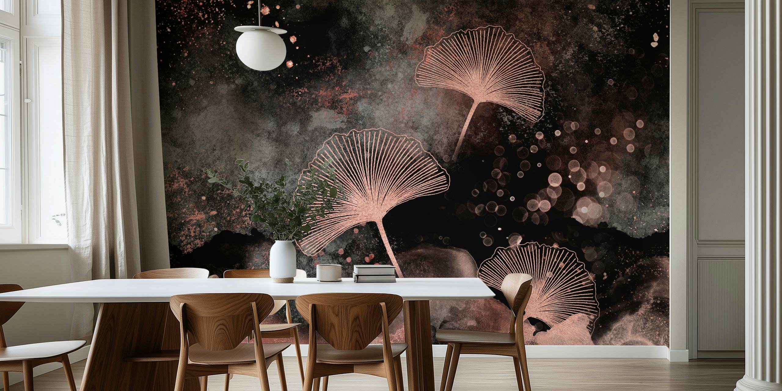Ginkgo leaves with rose gold outlines on a dark abstract background wallpaper