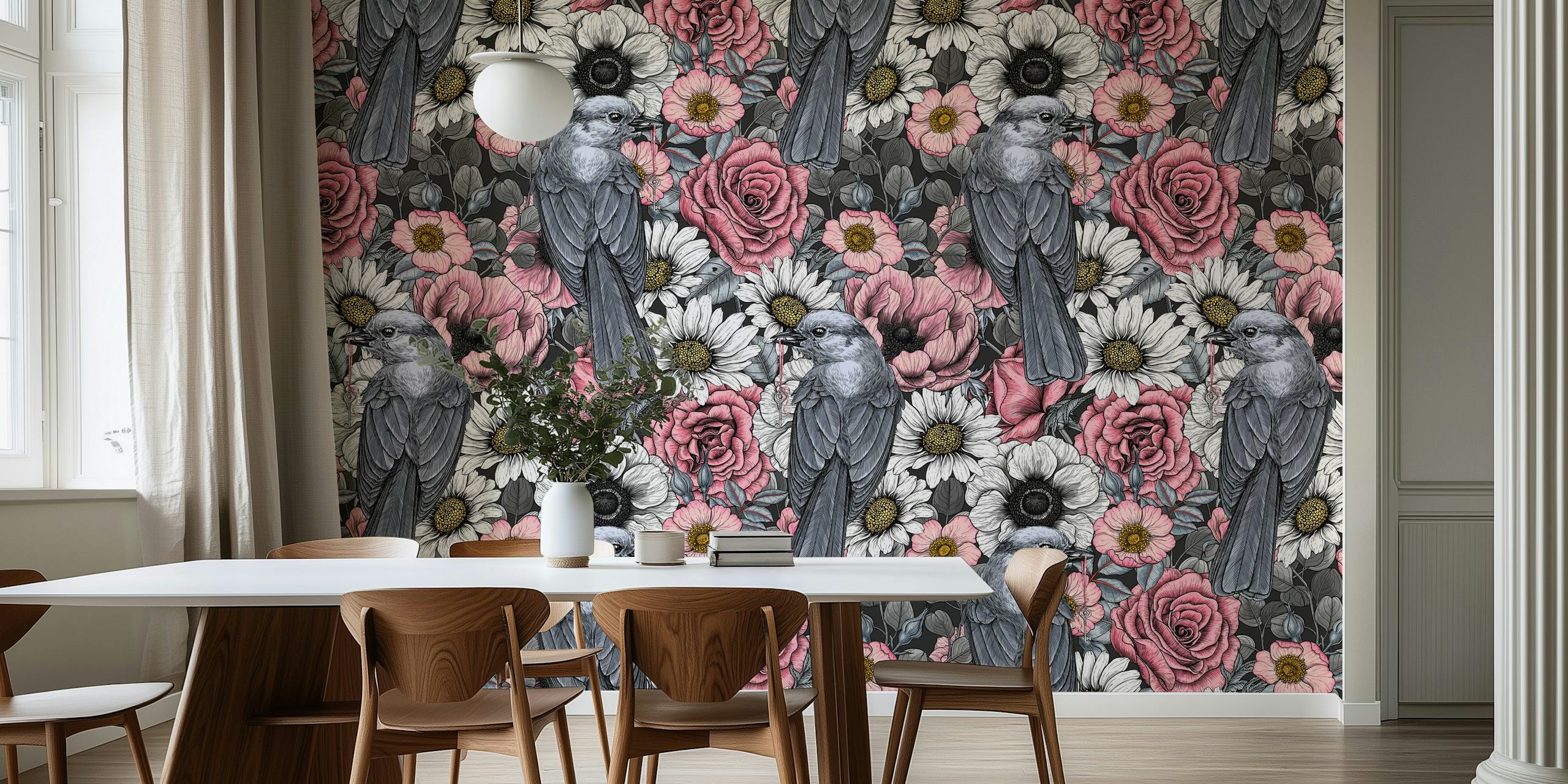 Gray jays and flowers wallpaper in a room