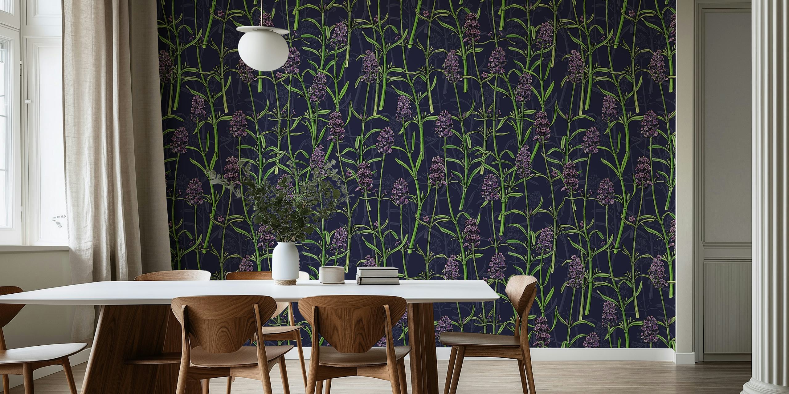 Lavender wall mural with dark background and green accents