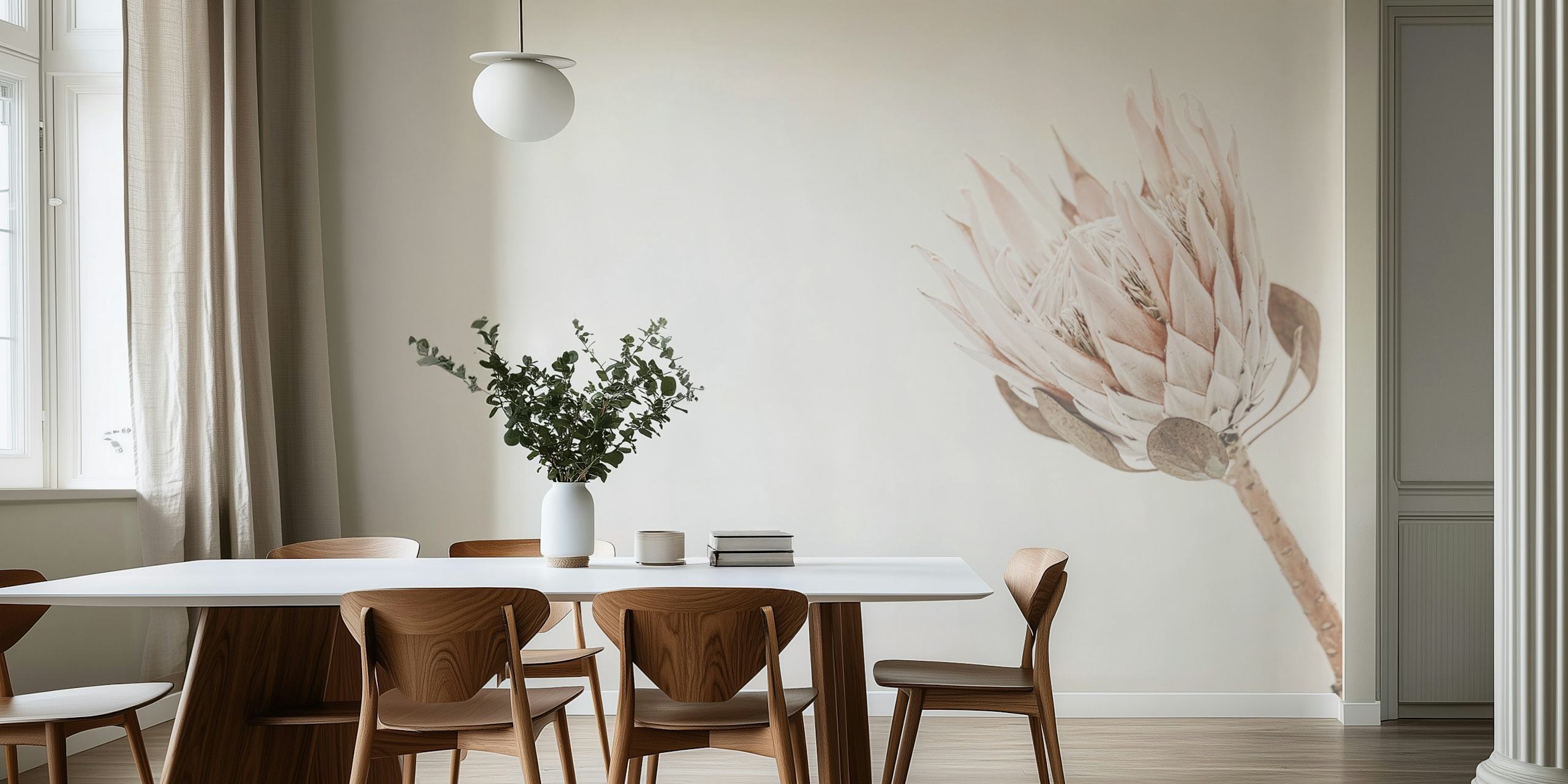 Protea Creme wall mural featuring a single pale protea bloom against a creamy background