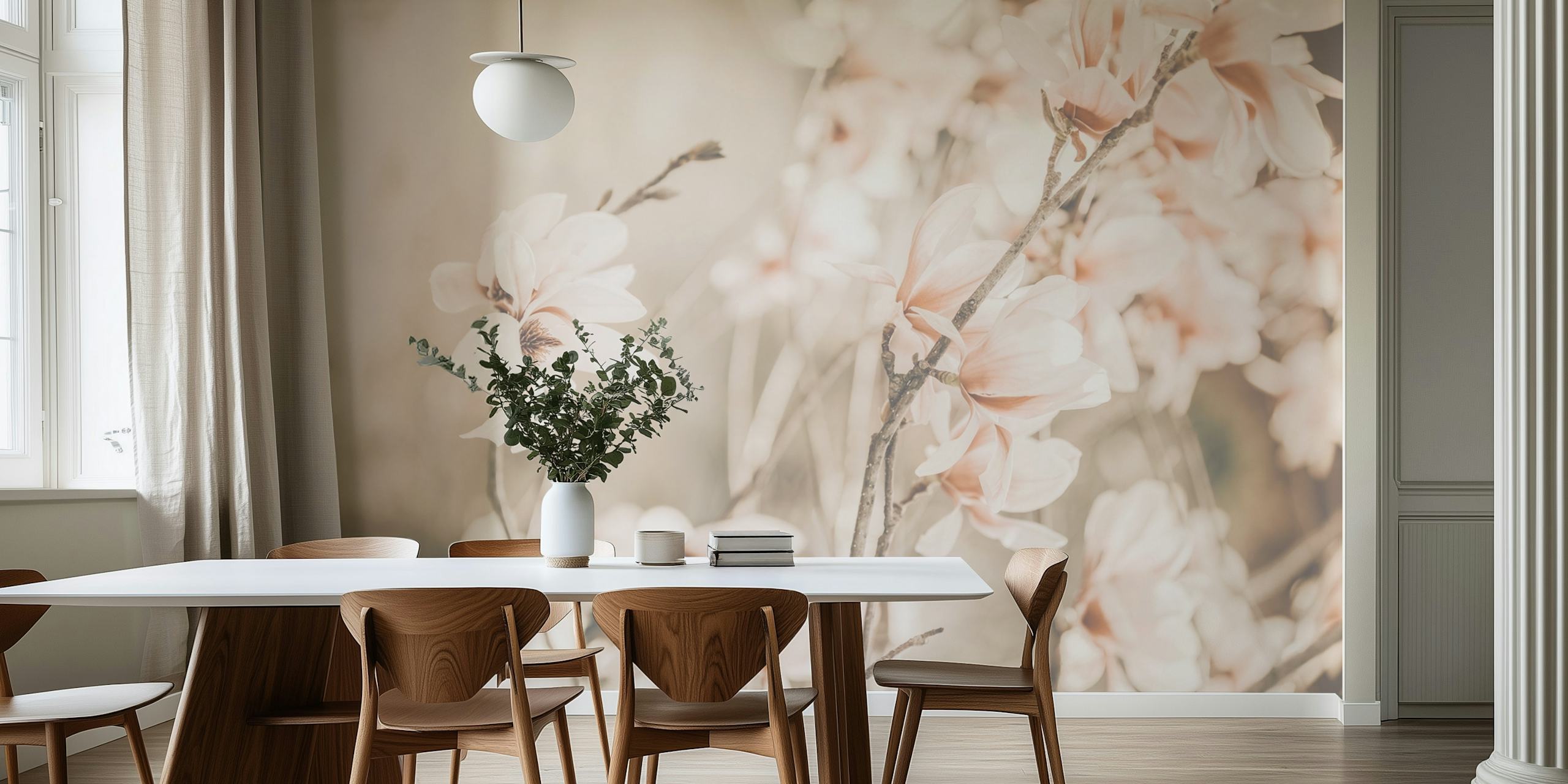Magnolia flowers on branches in soft pink tones wallpaper