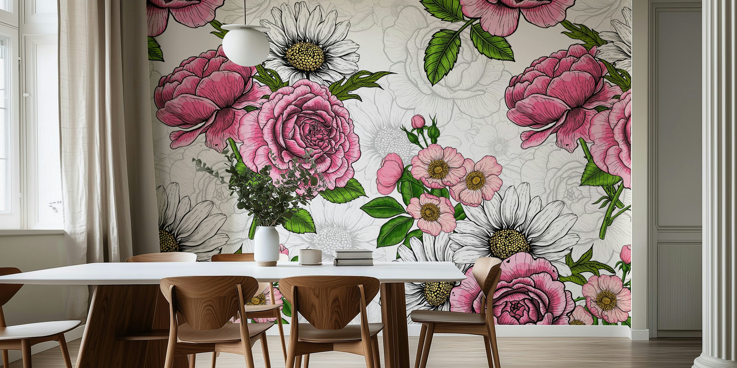 Summer Bouquets 2 wall mural featuring pink roses and daisies on a white background