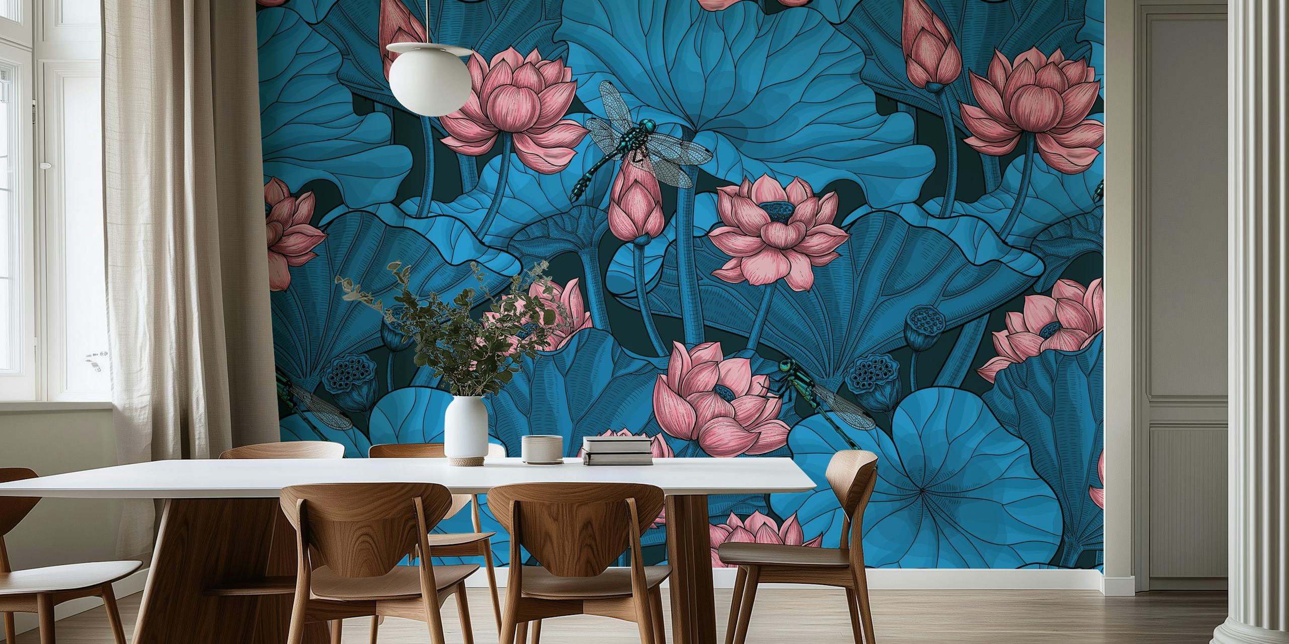 Blue floral lotus wallpaper with pink flowers and dragonflies