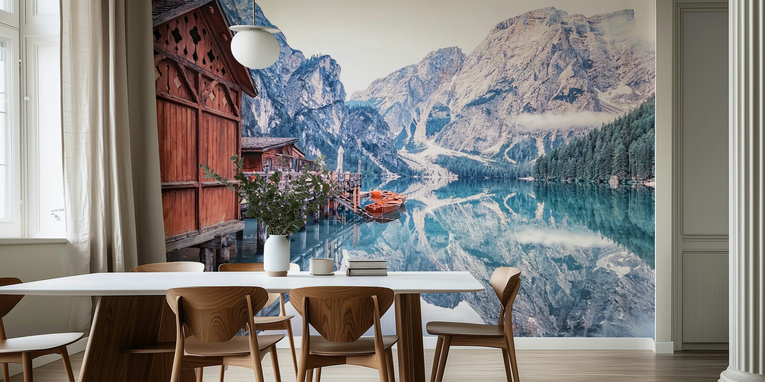 Mountain lake reflection with wooden cabin and boats wallpaper