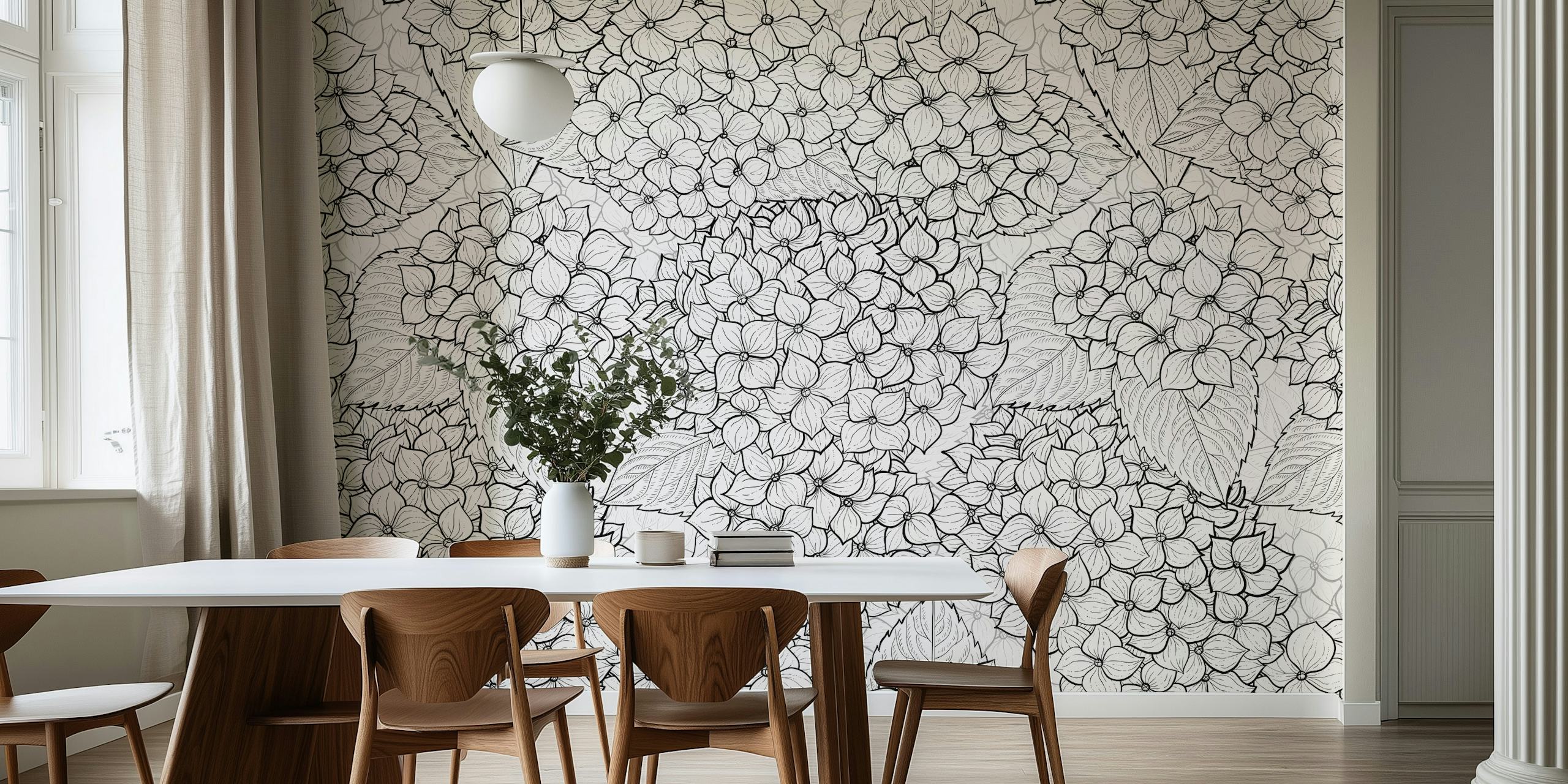 Line-drawn hydrangea flowers and leaves in black and white wallpaper