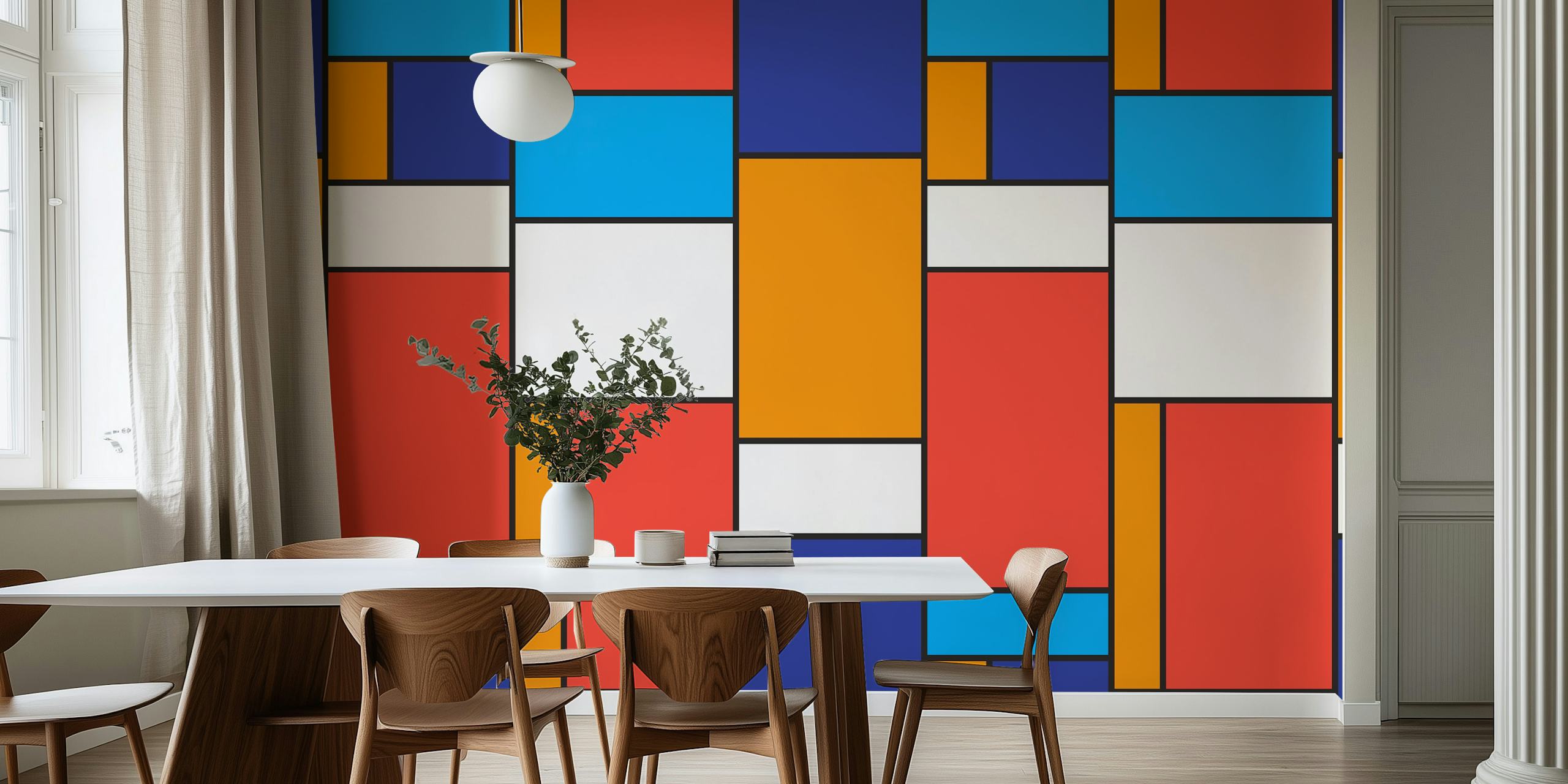 Colorful geometric blocks in orange, blue, and white wallpaper