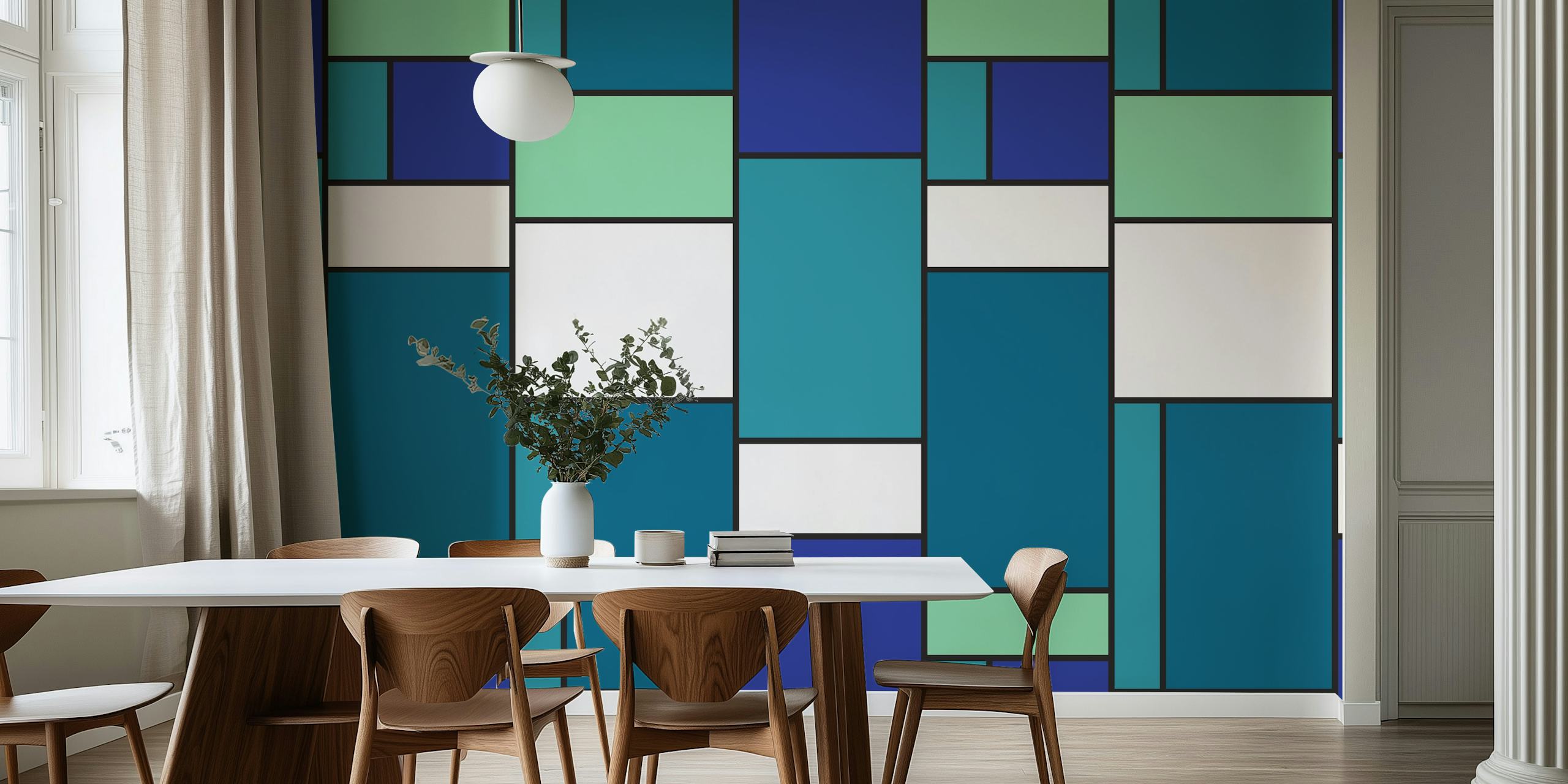 Geometric blocks in shades of blue and green wallpaper
