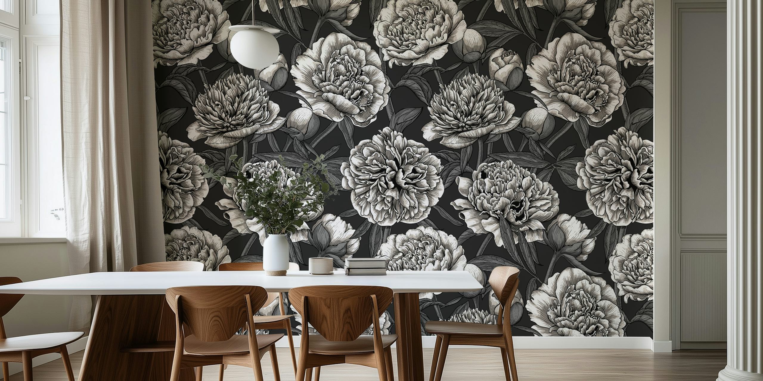 A grayscale wall mural depicting a lush garden of blooming white peonies.